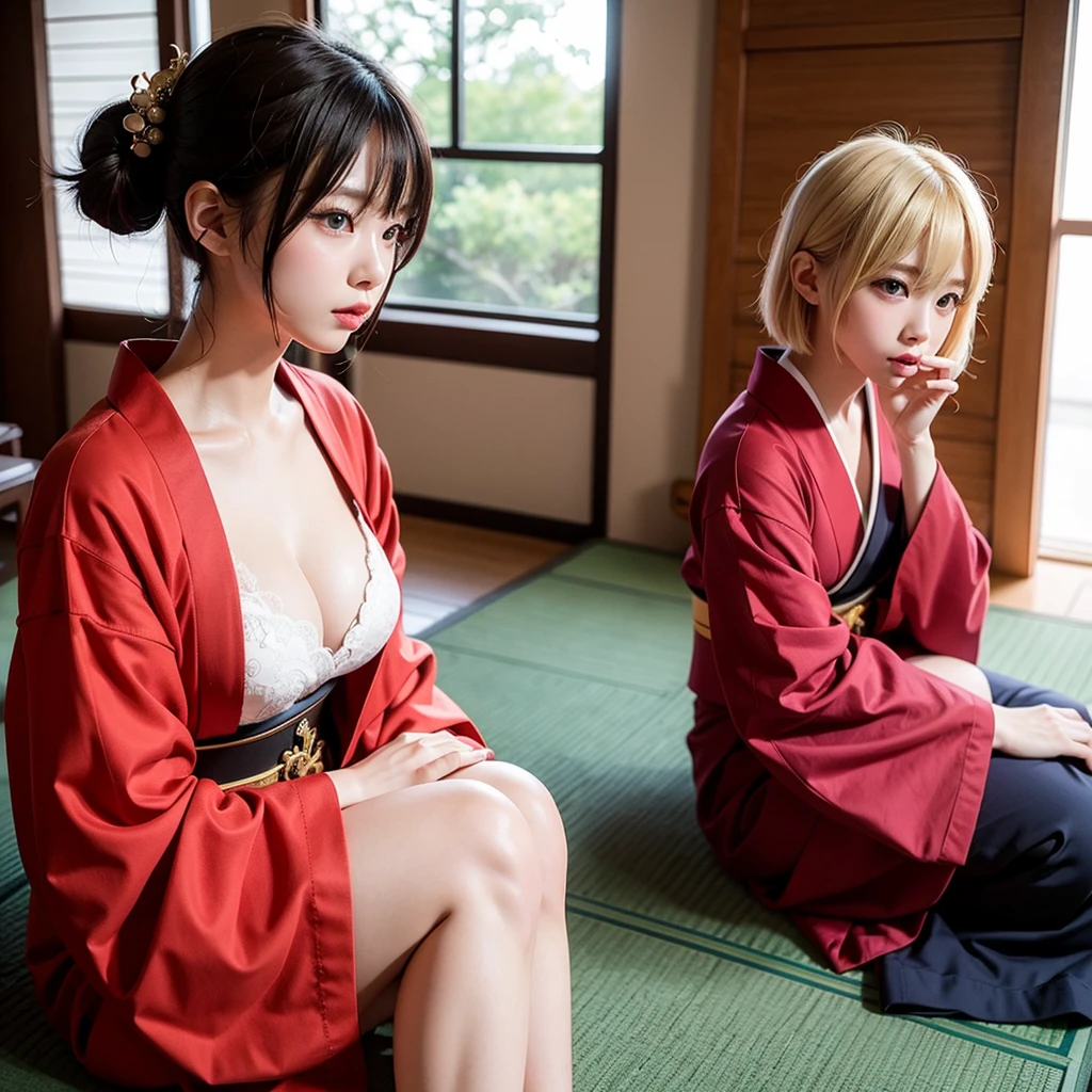 (meilleure qualité), (8k), (Qualité supérieure), (vrai photo), (photo réaliste), 1 sexy girl, red hair girl, mistress shibari, mistress dojo temple, sexy opened kimono, Sakura theme, Sakura