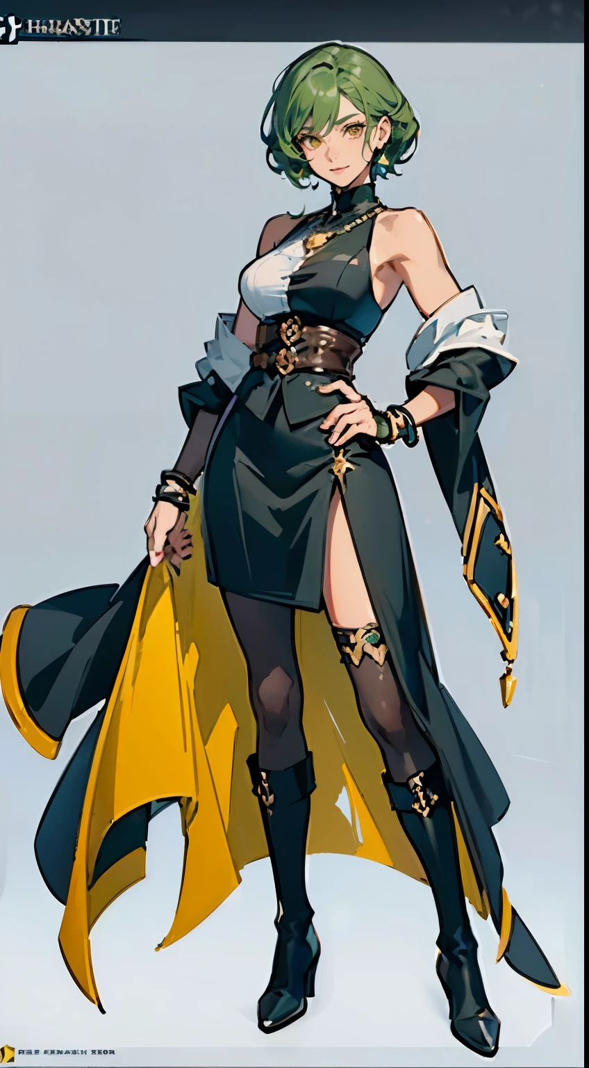 ((masterpiece,best quality,8k,highres)),((character concept art)), 1 female, middle-age female, merchant leader, 165cm height, extraordinary gorgeous, charming, (gentle smile), shapely breasts, hourglass body shape (muscular), ultra finely detailed eyes (yellow eyes colour), intricate details, short curly hair, (green hair colour), super finely detailed hands, ultra finely detailed fingers (((ten finger))), sleeveless merchant outfit (stylish)(black), black merchant coat, short black skirt, black gloves, black boots, necklace, earrings, bracelet, standing still, full body showcase, (show full body), (no logos on background), (no logo), (( background)), ((plain background)), ((plain background)), (((empty background)))