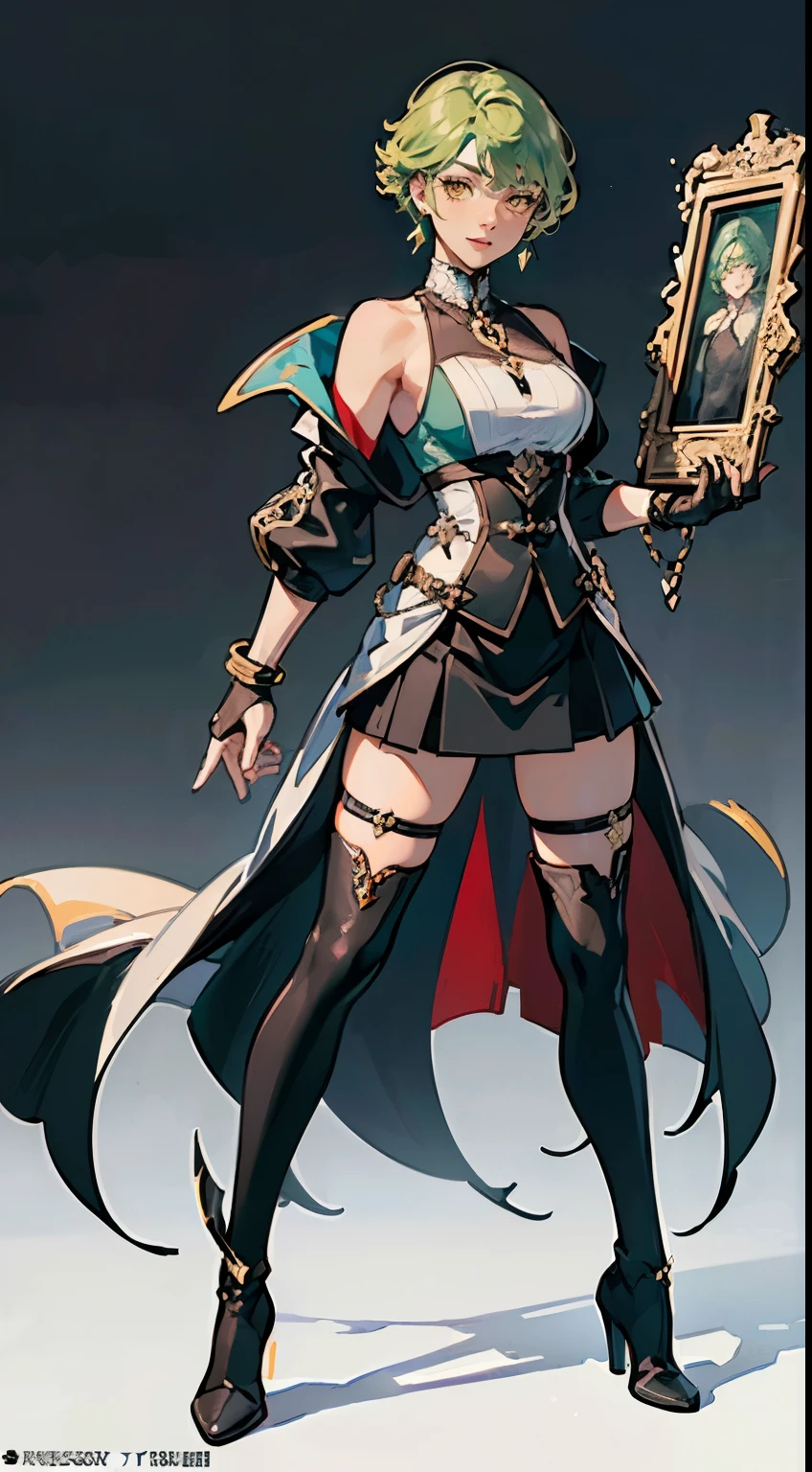 ((masterpiece,best quality,8k,highres)),((character concept art)), 1 female, middle- female, merchant leader, 165cm height, extraordinary gorgeous, charming, (gentle smile), shapely breasts, hourglass body shape (muscular), ultra finely detailed eyes (yellow eyes colour), intricate details, short curly hair, (green hair colour), super finely detailed hands, ultra finely detailed fingers (((ten finger))), sleeveless merchant outfit (stylish)(black), black merchant coat, short black skirt, black gloves, black boots, necklace, earrings, bracelet, standing still, full body showcase, (show full body), (no logos on background), (no logo), (( background)), ((plain background)), ((plain background)), (((empty background)))