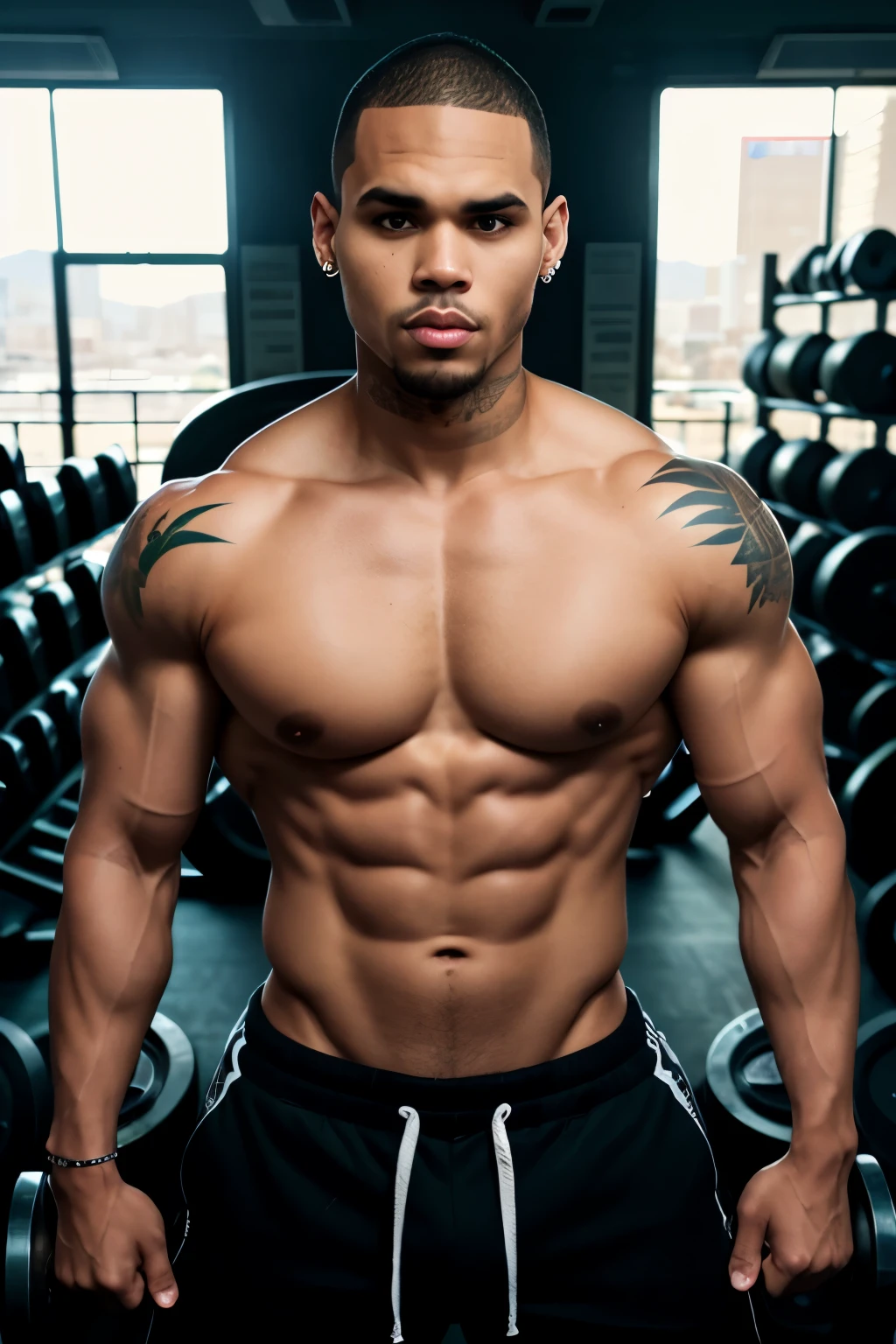 8k portrait of Chris Brown Bodybuilder, shirtless, intricate, 35 years old, las vegas, full body, looking at the camera, elegant, (black eyes), highly detailed, gym background, majestic, digital photography, art by artgerm and ruan jia and greg rutkowski , black hair, broken glass around (masterpiece, side lighting, beautiful finely detailed eyes: 1.2 ), hdr