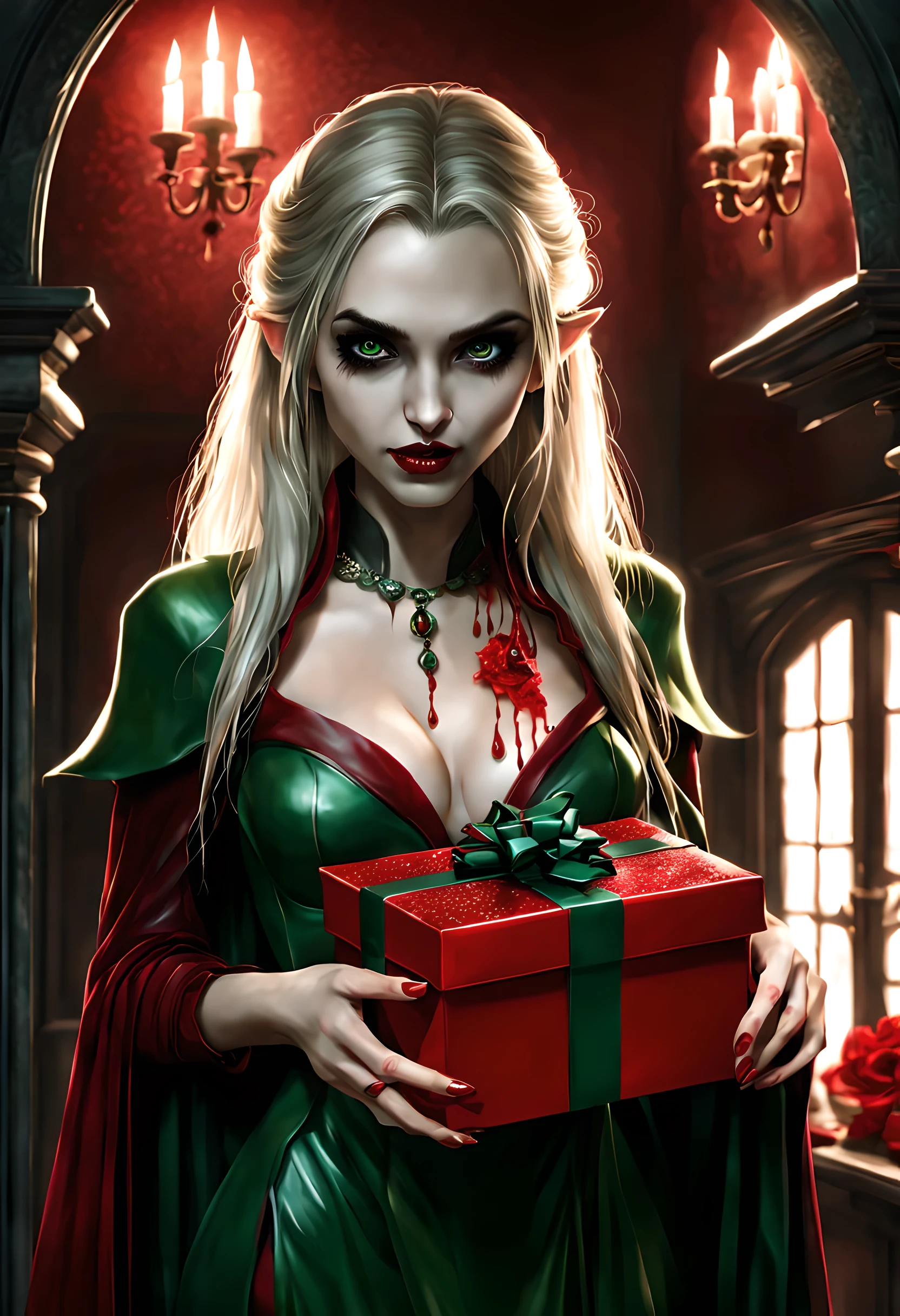 a picture of vampire standing in the front of her home holding a (blood: 1.3) dripping (gift box: 1.5), an exquisite beautiful female vampire in her front door of her home, full body (ultra detailed, Masterpiece, best quality), ultra detailed face (ultra detailed, Masterpiece, best quality), grey skin: 1.3 , blond hair, hair in a ponytail, long hair, blue eyes, cold eyes, glowing eyes, intense eyes, smile with [drops of blood on face] (ultra detailed, Masterpiece, best quality), dark red lips, [vampire fangs], wearing red dress (ultra detailed, Masterpiece, best quality), (green: 1.4) dark green cloak, (green: 1.3) green high heeled boots in front of her home, holding a (white: 1.4) gift box  dripping red blood GlowingRunes_red (ultra detailed, Masterpiece, best quality, high details, best quality, 16k, [ultra detailed], masterpiece, best quality, (ultra detailed), full body, ultra wide shot, photorealism, luis royo style, dark fantasy art, moon light coming through the window, moon rays, gothic art, sense of dread, sense of seduction, bloodmagic