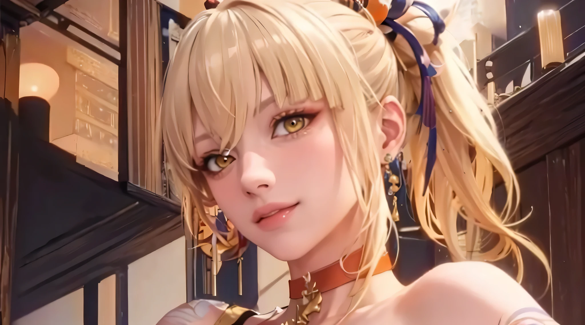 (((Blonde hair, By bangs, hair adornments, pony tails, yellow-eyed, arm tattoos, chest tattoo, Orange eyes, Salahi, hair between eye,(((collars, 红色的collars, 鎖骨, ))),))),((tmasterpiece)),A high resolution, ((Best quality at best)),tmasterpiece,quality,Best quality,((( exquisite facial features,looking at viewert,There is light in the eyes,Smilingly,Self-confident )))