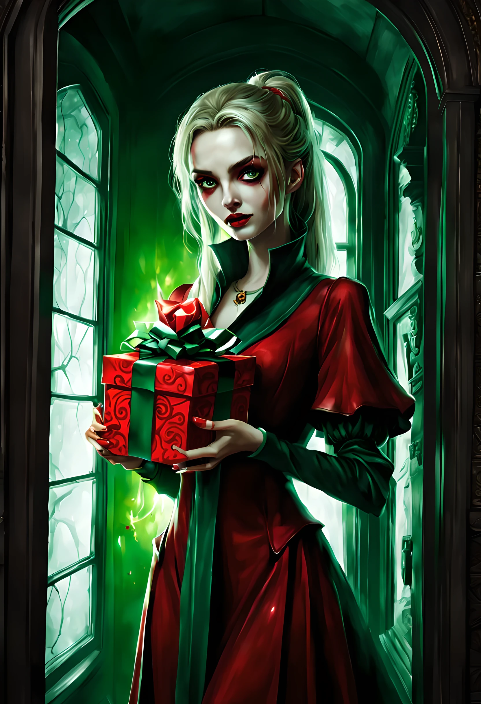 a picture of vampire standing in the front of her home holding a (blood: 1.3) dripping (gift box: 1.5), an exquisite beautiful female vampire in her front door of her home, full body (ultra detailed, Masterpiece, best quality), ultra detailed face (ultra detailed, Masterpiece, best quality), grey skin: 1.3 , blond hair, hair in a ponytail, long hair, blue eyes, cold eyes, glowing eyes, intense eyes, smile with [drops of blood on face] (ultra detailed, Masterpiece, best quality), dark red lips, [vampire fangs], wearing red dress (ultra detailed, Masterpiece, best quality), (green: 1.4) dark green cloak, (green: 1.3) green high heeled boots in front of her home, holding a (white: 1.4) (gift box: 1.5) dripping red blood GlowingRunes_red (ultra detailed, Masterpiece, best quality, high details, best quality, 16k, [ultra detailed], masterpiece, best quality, (ultra detailed), full body, ultra wide shot, photorealism, luis royo style, dark fantasy art, moon light coming through the window, moon rays, gothic art, sense of dread, sense of seduction, bloodmagic,