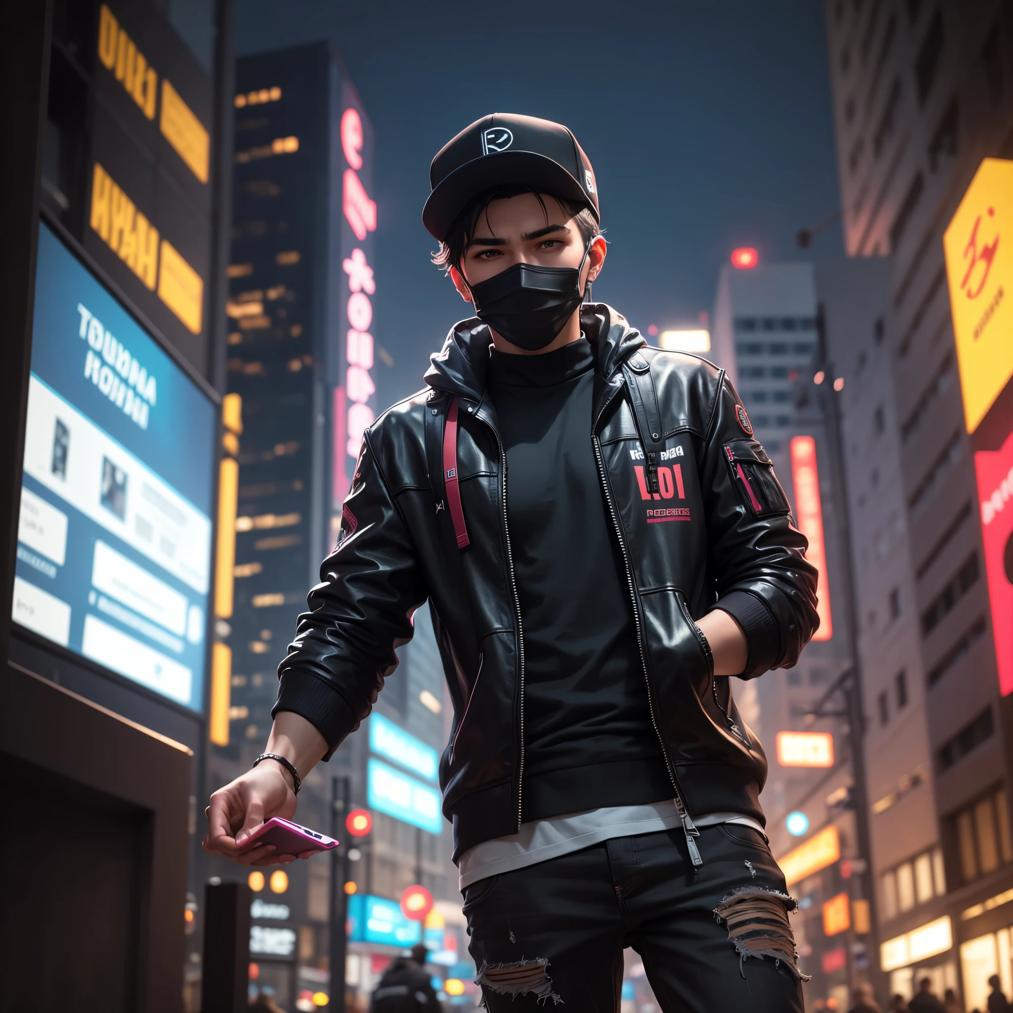 portrait, 1man, solo, stylish cyberpunk a young man dynamic pose (looking at viewer), wearing black face mask (plain black), black cap, full black jacket, the hand hold black smartphone, 3rd rule far distance, in a cyberpunk style city background, night time, masterpiece, best quality, extremely detailed, 8k, uhd, cinematic shot, hyper-detailed, volumetric fx, photorealism