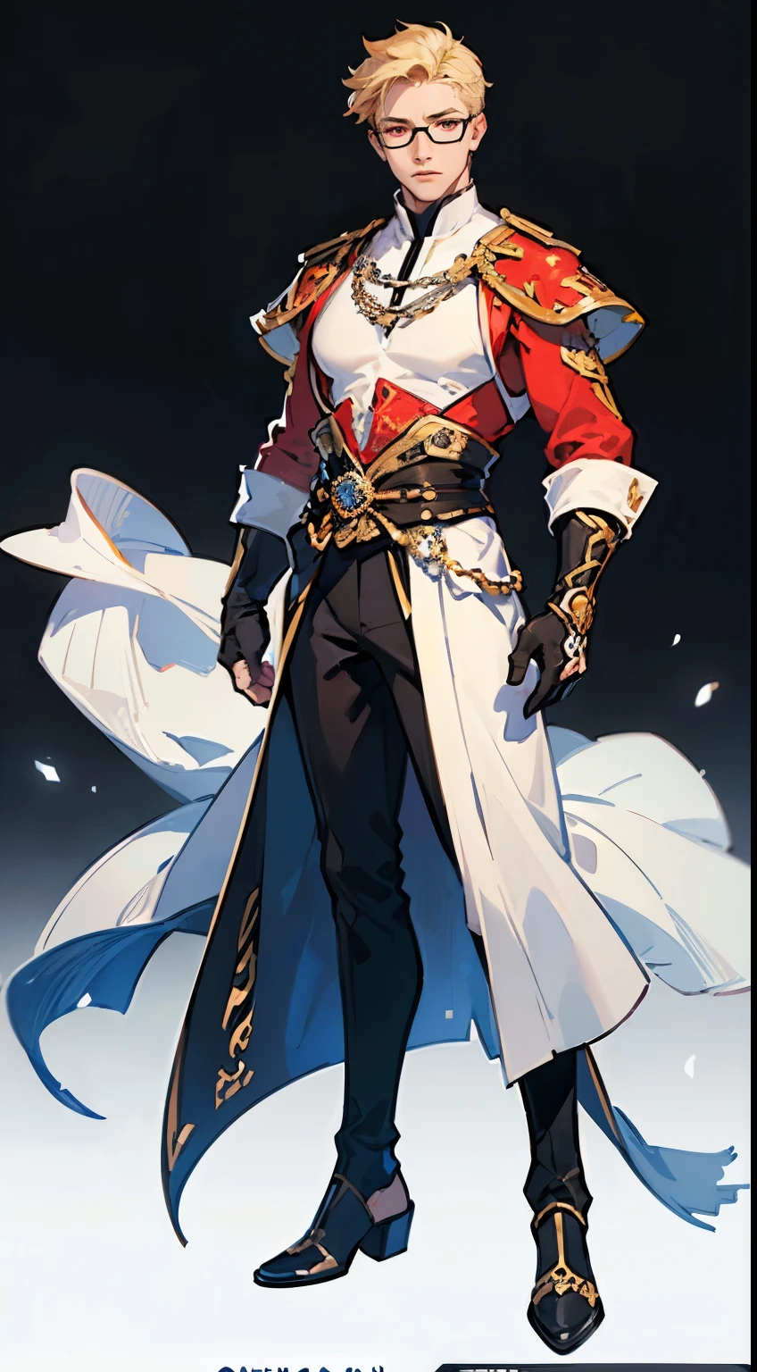 ((masterpiece,best quality,8k,highres)),((character concept art)), 1 male, young male, merchant guild leader, 185cm height, extraordinary handsome, charming, incredible body build (muscular), ultra finely detailed eyes (red eyes colour), intricate details, korean style short hair, undercut short hair, (blond hair colour), black glasses, super finely detailed hands, ultra finely detailed fingers(((ten finger))), white tunic outfit(stylish), white merchant coat, black long pants, black gloves, black boots, standing still, full body showcase, (show full body), (no logos on background), (no logo), (( background)), ((plain background)), ((plain background)), (((empty background)))