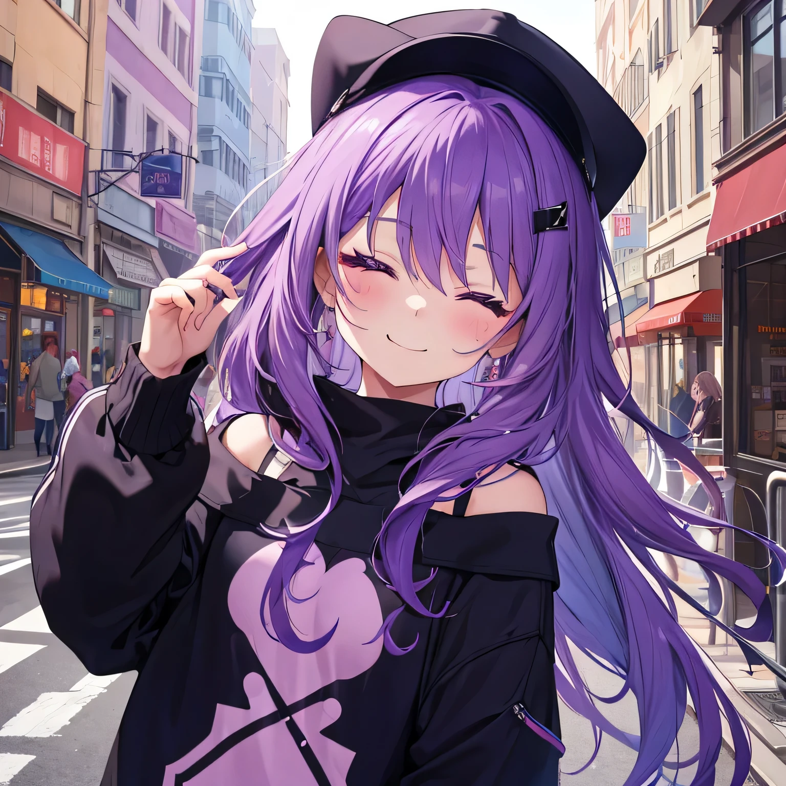 masterpiece, 1girl, solo, purple eyes, long hair, purple hair, hoodie, off shoulder:1.2, smile, ((close eyes)), mob cap, street, posing