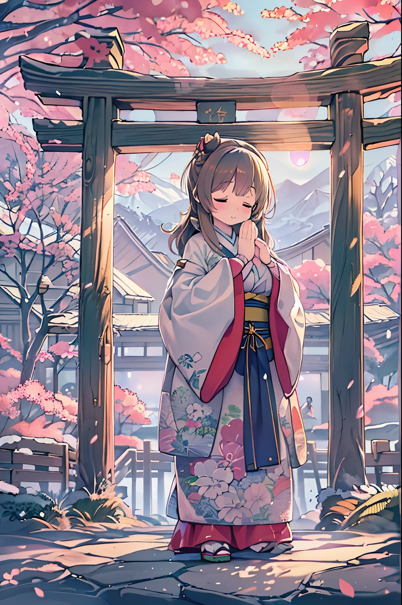 huge-breasted、kawaii、(Sunny Clothes)、torii gate、{{close up to face}}、eye closed、bbw、thick thight、big butts、Ultramammy, Winter days, Anime Background Art, japanese art style, beautiful anime scene,detailed scenery - width 672, Background art, Anime landscapes, Anime Background, Beautiful anime scenery, Beautiful peace scenes in anime, landscape artwork, Japan Village, Anime landscapesコンセプトアート, 8K))、New Year’s Day、1 moon、Pray、Praying to God with palms togethecing front