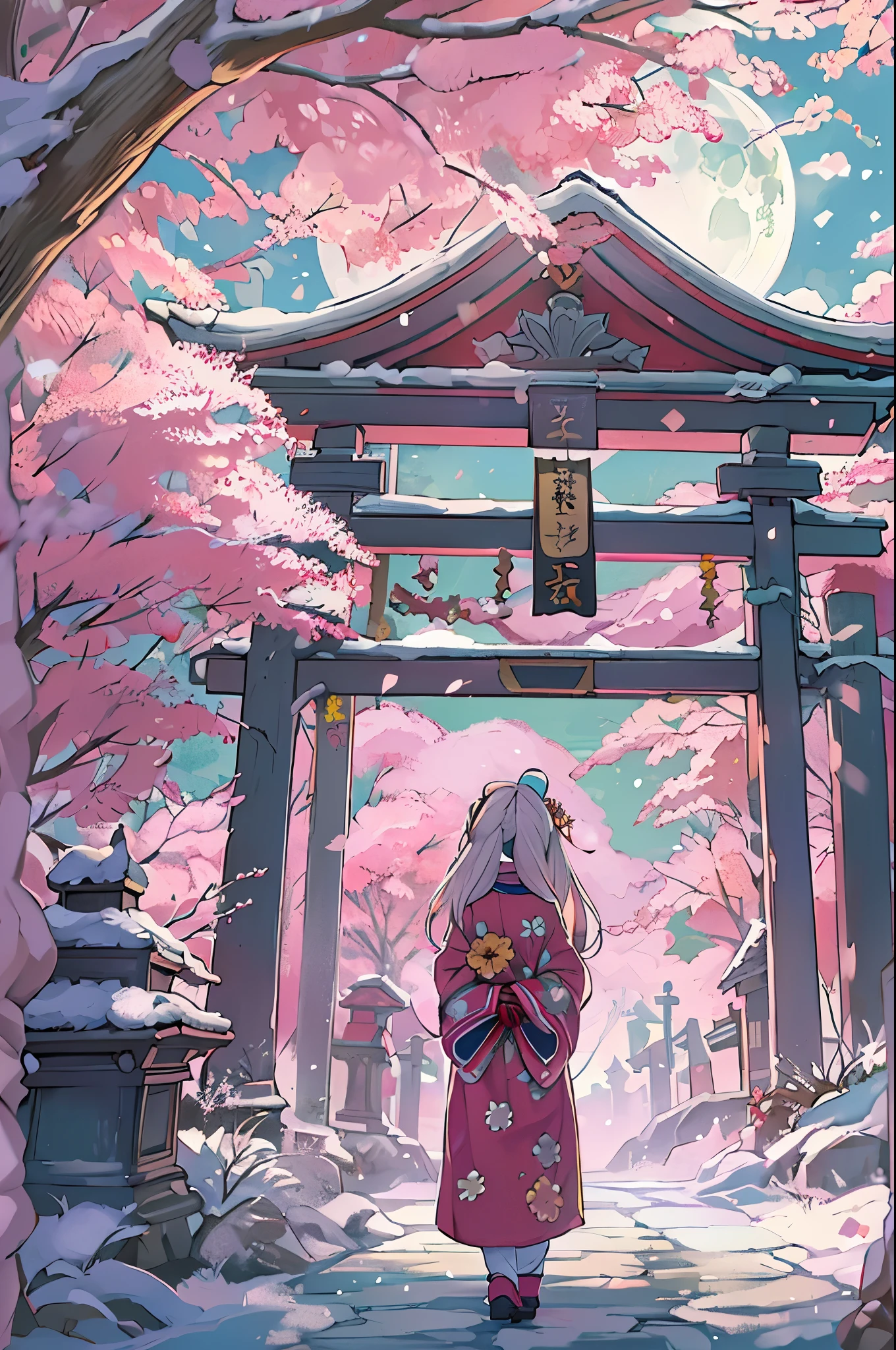 huge-breasted、kawaii、(Sunny Clothes)、torii gate、{{close up to face}}、eye closed、bbw、thick thight、big butts、Ultramammy, Winter days, Anime Background Art, japanese art style, beautiful anime scene,detailed scenery - width 672, Background art, Anime landscapes, Anime Background, Beautiful anime scenery, Beautiful peace scenes in anime, landscape artwork, Japan Village, Anime landscapesコンセプトアート, 8K))、New Year’s Day、1 moon、Pray、Praying to God with palms togethecing front