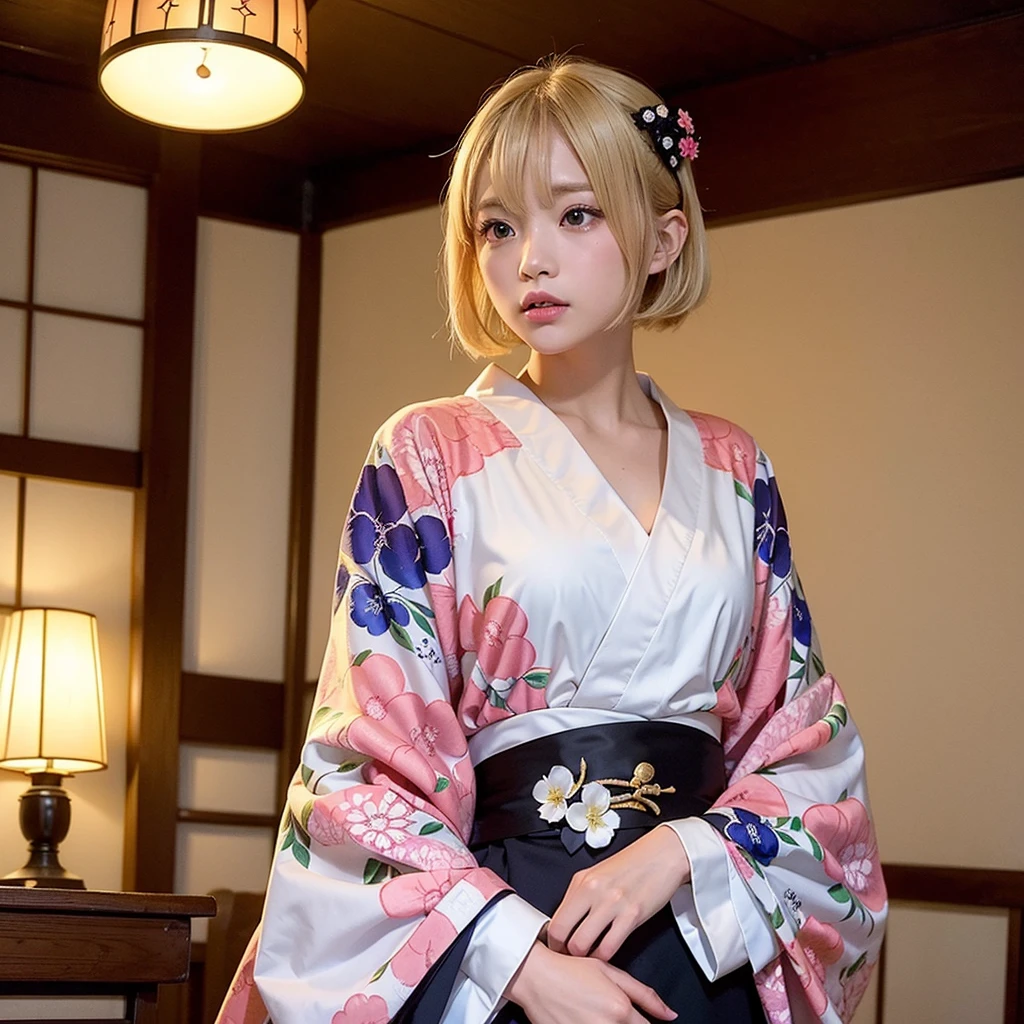 s girl、(((soio)))、(((komono)))、Floral pattern kimono furisode、Breakdown、(((Futomo)))、a blond、Medium bob、Skin type、D-Cup bust、inside in room、Western-style room、Bedrooms、Bright lighting、広いinside in room、morning sunlight、wide-angle lens、