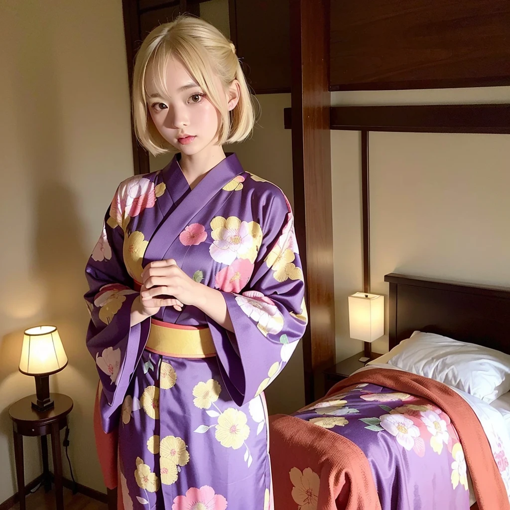 teens girl、(((soio)))、(((komono)))、Floral pattern kimono furisode、Breakdown、(((Futomo)))、a blond、Medium bob、Skin type、D-Cup bust、inside in room、Western-style room、Bedrooms、Bright lighting、広いinside in room、morning sunlight、wide-angle lens、