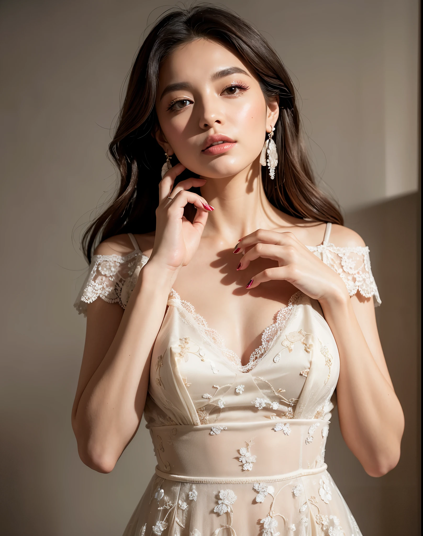 Ashleigh Emmalee, very young, beautiful, 8k, , (1girl:1.2), whole body, far angle camera, wear fashionable lace wedding dress: 0.75, different design weeding dress, nude:1.5, , in a church, elegant poses, dynamic shot, masterpiece, best quality, ultra-detailed, ultra realistic:1.5, photorealistic:1.5 , analog style, bokeh, skin pores, (skin texture), (film grain:1.3), (warm hue, warm tone:1.2), cinematic light, sidelighting, ultra high res, best shadow, RAW, upper body, photoshoot by DSLR, Fujifilm XT3, medium full shot