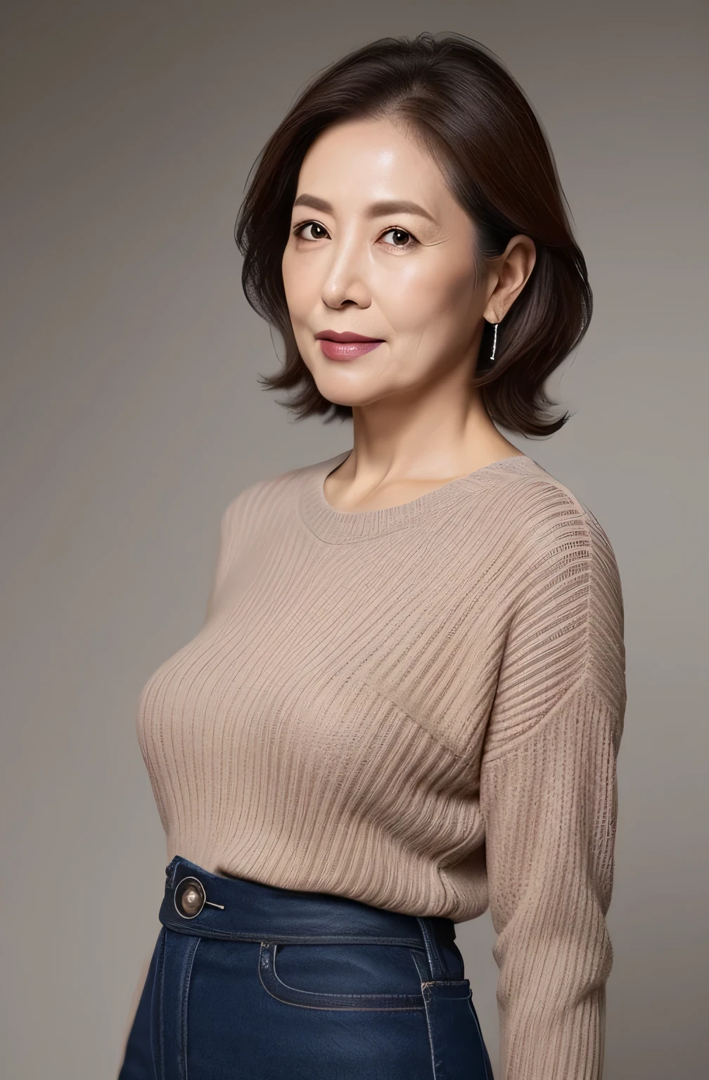 hight resolution, high-level image quality, high detailing, ​masterpiece, Textured skin, tre anatomically correct, sharp, greybackground((japanese mature, 70yo)), 独奏, ((Wrinkles on the face)), large breasts with good shape, Straight light brown hair that reaches to the shoulders, chubby figure (((erect through, facing the center of the screen.))), Close your mouth and look straight ahead with a serious face, Sweaters, skirt by the, ((cowboy  shot)),