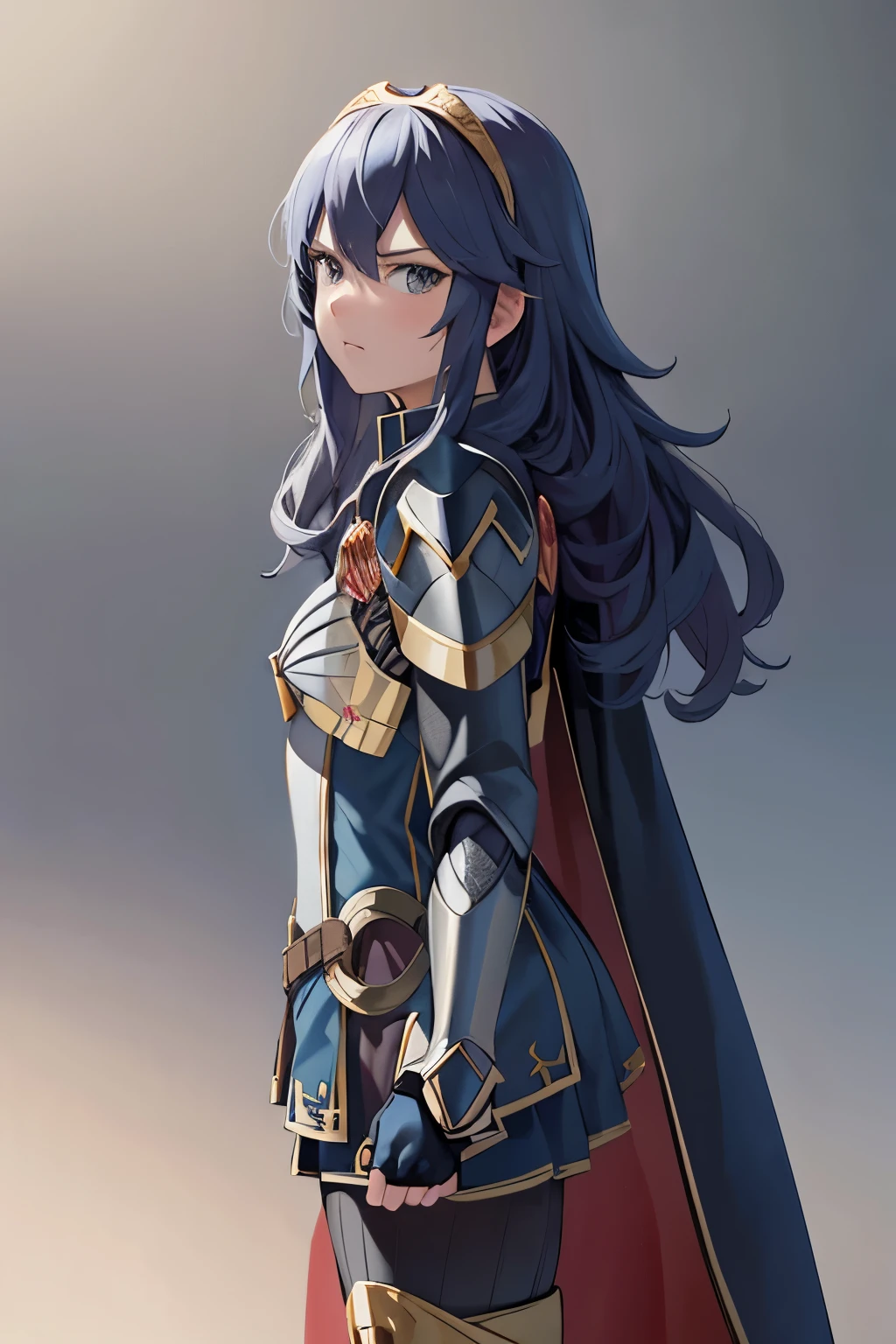 masterpiece, best quality,  brvLucy, tiara, cape, full armor, breastplate, gauntlets, armored legwear, standing, grey sky, from side, furrowed brow, looking at viewer