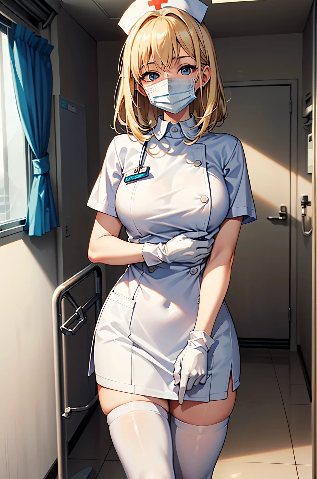 1woman, solo, nurse, nurse cap, white wear, ((white legwear, zettai ryouiki)), white gloves, blonde hair, blue eyes, ((white surgical mask, covered nose)), standing, ((hospital room)), sharp outline, short sleeves, mature female, 35 years old, best quality, masterpiece