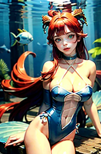 (masterpiece), (best quality:1.2), absurdres, [:intricate details:0.2], Under the sea, blue eyes, large , scales, a beautiful Little (Mermwims gracefully with her bright red hair flowing behind her, surrounded by schools of colorful tropical fish, coral reefs, and sea anemones. The vibrant hues of blues, create a surreal and magical underwater world that leaves the viewer in awe,