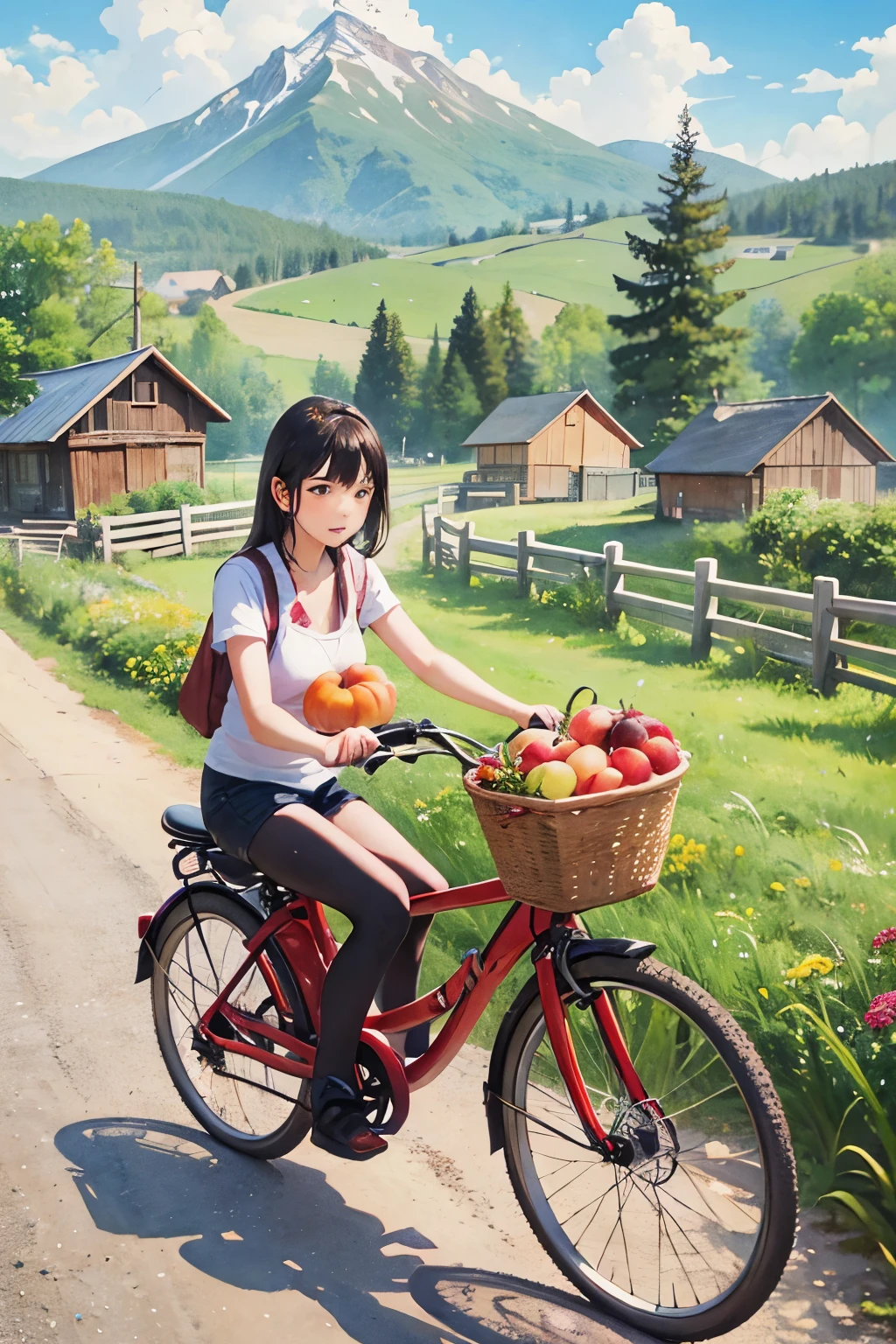 (best quality,watercolor style,ultra-detailed,realistic),1girl,riding a bicycle and leaving it under a tree, holding a basket filled with fruits including peaches,grapes,apples,etc.,wildflowers along the roadside ,distant mountains and houses, creating a serene and beautiful setting.