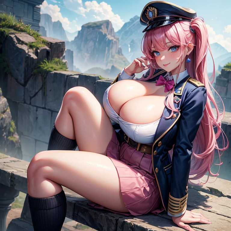 a beauty girl,girl with,academy,huge tit,huge cleavage, Excellent style,Best Quality,Blazer in uniform,Wearing loose sockeautiful a girl,Pink hair,masterpiece,smil,Long,超A high resolution,blue eyess,valley,Charming girl,