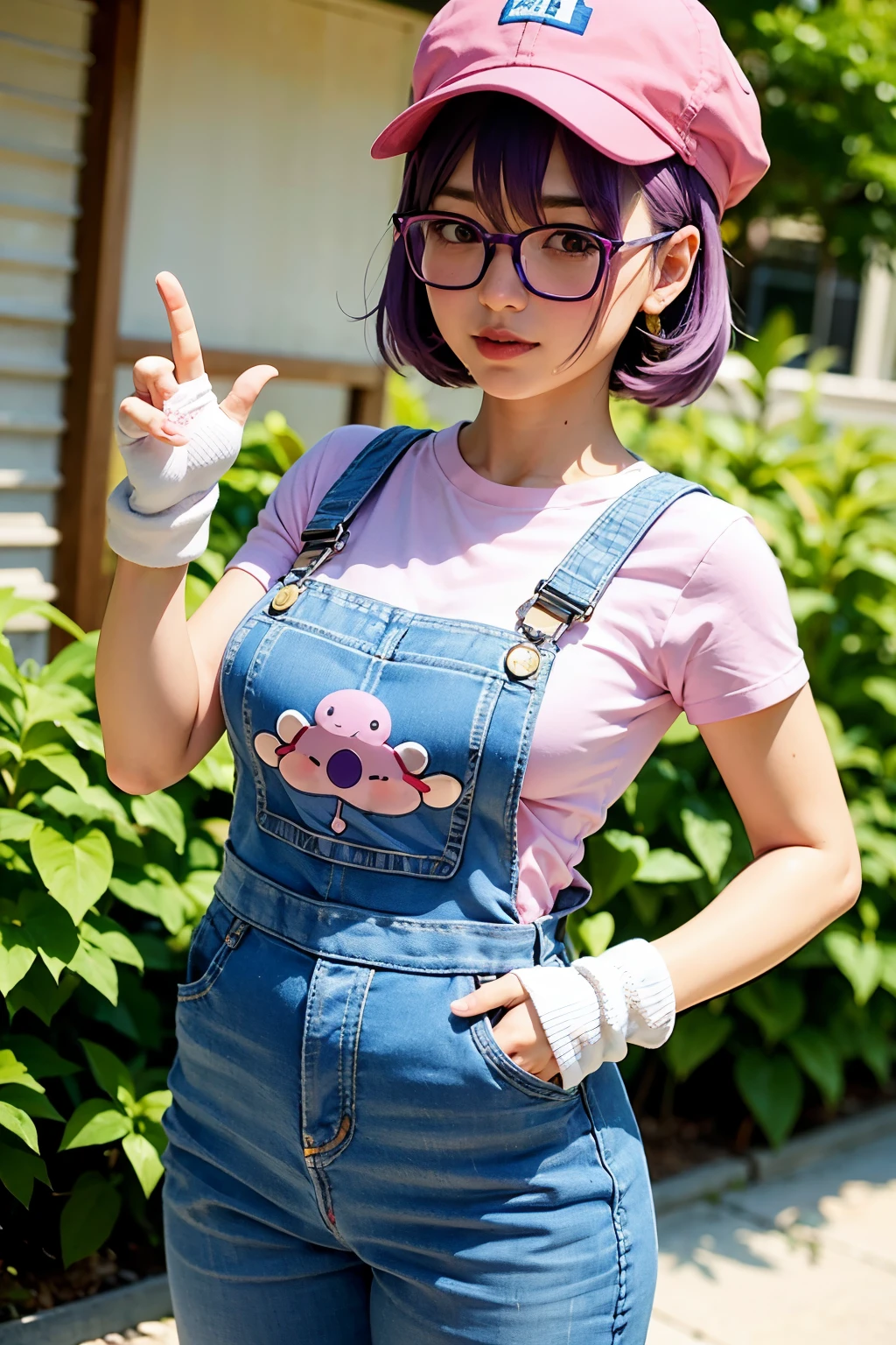 create “arale” Japanese anime character Dr. Slump, dressed in light blue denim overalls, pink t-shirt, white gloves, cloth slippers, pink cap, two small wings on the cap, purple hair, large glasses, sexy pose, maximum detail, detailed face, hyperrealism, 8k, full body