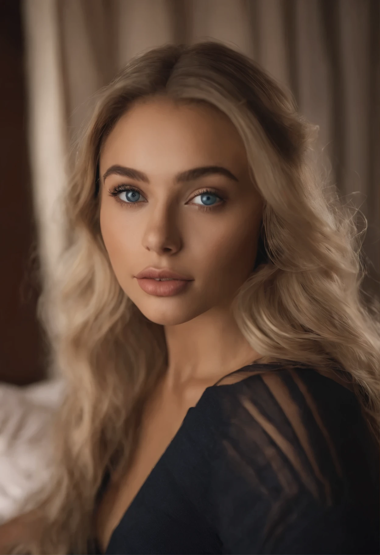 arafed woman fully , with blue eyes, ultra realistic, meticulously detailed, portrait sophie mudd, blonde hair and large eyes, selfie of a young woman, bedroom eyes, violet myers, without makeup, natural makeup, looking directly at the camera, face with artgram, subtle makeup, stunning full body shot kneeling on bed, in bedroom, medium to large size bust mixed race
