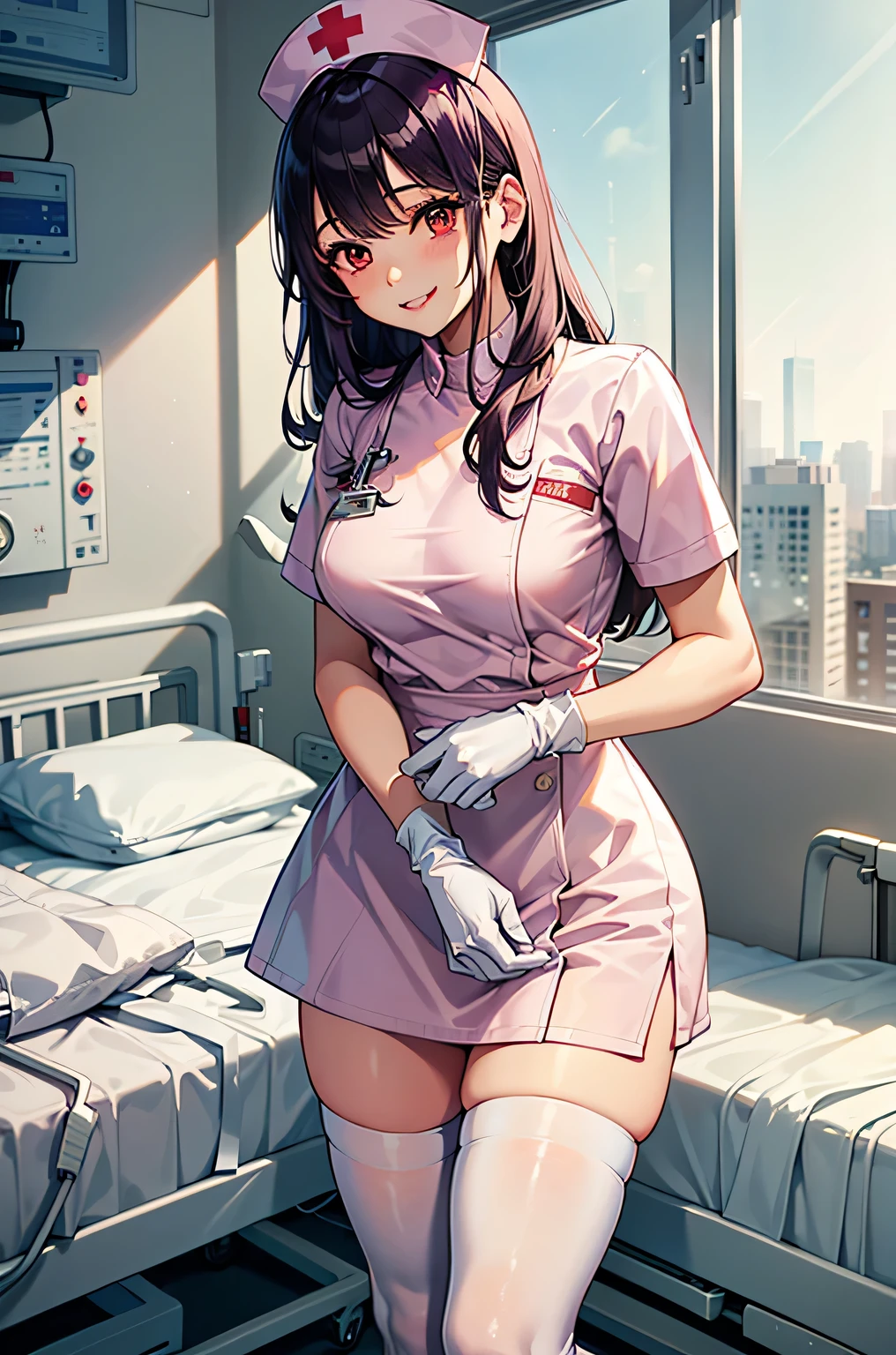 1woman, solo, nurse, nurse cap, white wear, ((white legwear, zettai ryouiki)), white gloves, long hair, purple hair, red eyes, pink lips, smile, standing, ((hospital room)), sharp outline, short sleeves, mature female, 35 years old, best quality, masterpiece