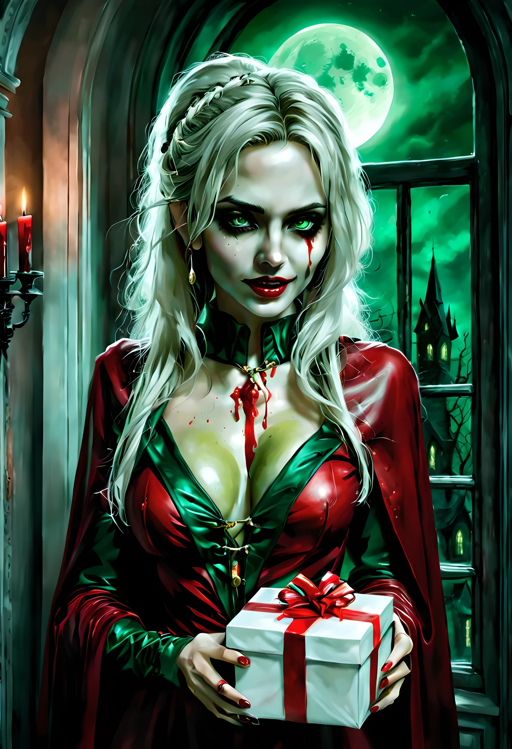 a picture of vampire standing in the front of her home holding a (blood: 1.3) dripping (gift box: 1.5), an exquisite beautiful female vampire in her front door of her home, full body (ultra detailed, Masterpiece, best quality), ultra detailed face (ultra detailed, Masterpiece, best quality), grey skin: 1.3 , blond hair, hair in a ponytail, long hair, blue eyes, cold eyes, glowing eyes, intense eyes, smile with [drops of blood on face] (ultra detailed, Masterpiece, best quality), dark red lips, [vampire fangs], wearing red dress (ultra detailed, Masterpiece, best quality), (green: 1.4) dark green cloak, (green: 1.3) green high heeled boots in front of her home, holding a (white: 1.4) gift box  dripping red blood GlowingRunes_red (ultra detailed, Masterpiece, best quality, high details, best quality, 16k, [ultra detailed], masterpiece, best quality, (ultra detailed), full body, ultra wide shot, photorealism, luis royo style, dark fantasy art, moon light coming through the window, moon rays, gothic art, sense of dread, sense of seduction, bloodmagic