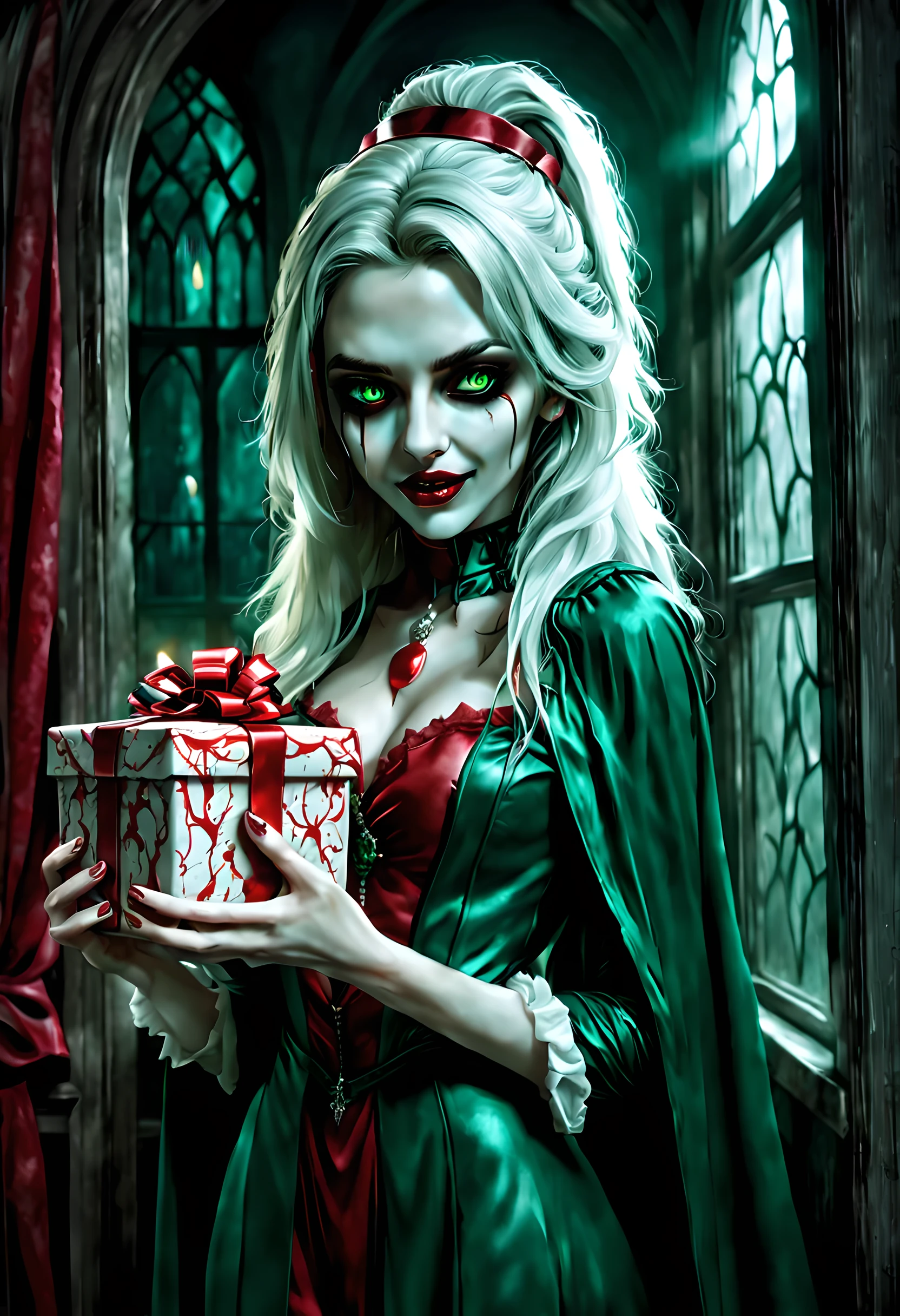 a picture of vampire standing in the front of her home holding a (blood: 1.3) dripping (gift box: 1.5), an exquisite beautiful female vampire in her front door of her home, full body (ultra detailed, Masterpiece, best quality), ultra detailed face (ultra detailed, Masterpiece, best quality), grey skin: 1.3 , blond hair, hair in a ponytail, long hair, blue eyes, cold eyes, glowing eyes, intense eyes, smile with [drops of blood on face] (ultra detailed, Masterpiece, best quality), dark red lips, [vampire fangs], wearing red dress (ultra detailed, Masterpiece, best quality), (green: 1.4) dark green cloak, (green: 1.3) green high heeled boots in front of her home, holding a (white: 1.4) gift box  dripping red blood GlowingRunes_red (ultra detailed, Masterpiece, best quality, high details, best quality, 16k, [ultra detailed], masterpiece, best quality, (ultra detailed), full body, ultra wide shot, photorealism, luis royo style, dark fantasy art, moon light coming through the window, moon rays, gothic art, sense of dread, sense of seduction, bloodmagic