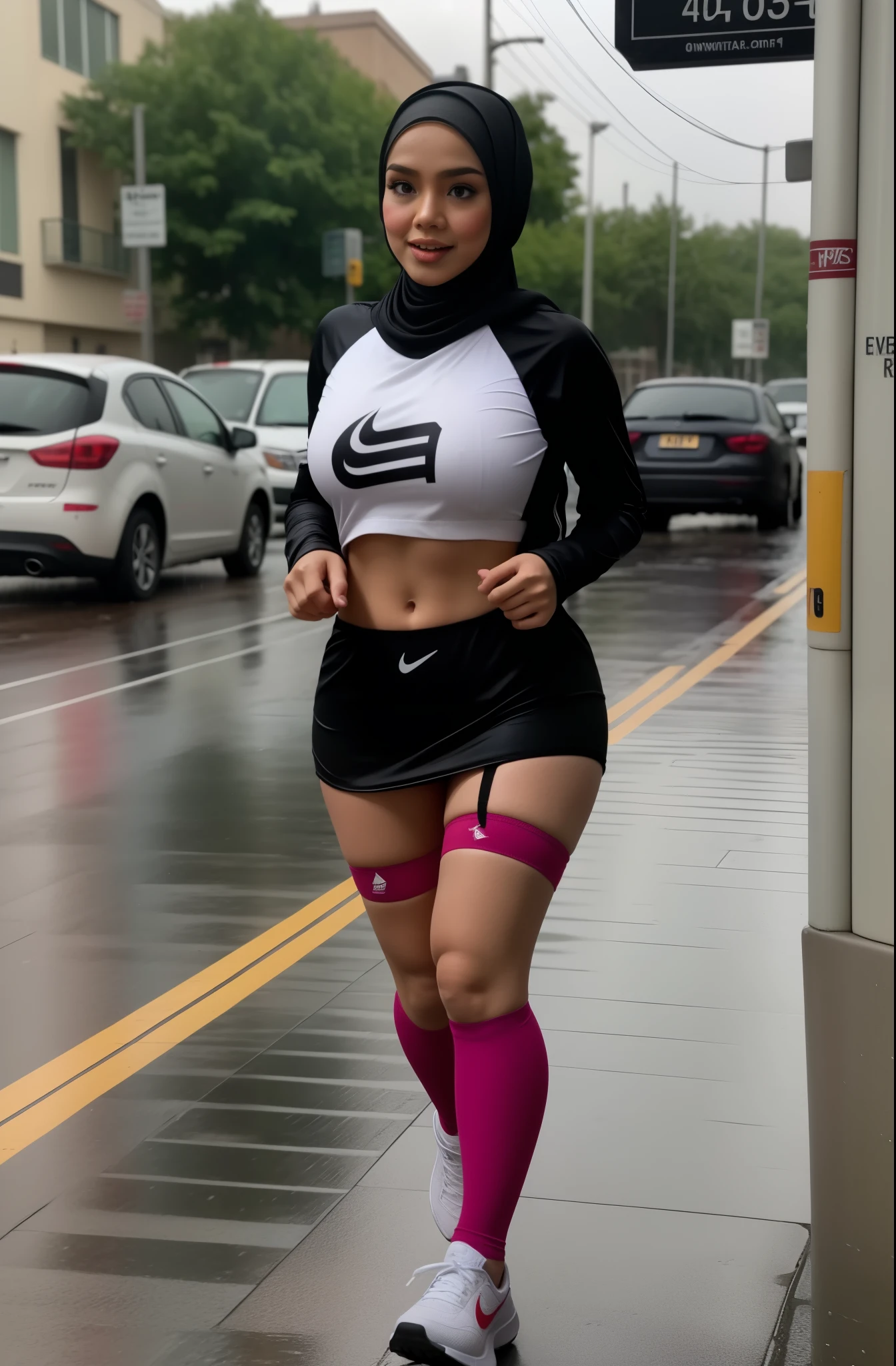 ((HIJAB MALAY GIRL)), (PROSTITUTION CENTER ). HUGE BREAS, NIPPLES, SNEAKERS NIKE, NET STOCKINGS. (RUNNING IN THE RAIN).