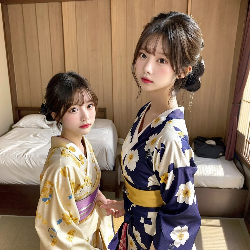 s girl、(((soio)))、(((komono)))、Floral pattern kimono furisode、Breakdown、(((Futomo)))、a blond、Medium bob、Skin type、D-Cup bust、inside in room、Western-style room、Bedrooms、Bright lighting、広いinside in room、morning sunlight、wide-angle lens、