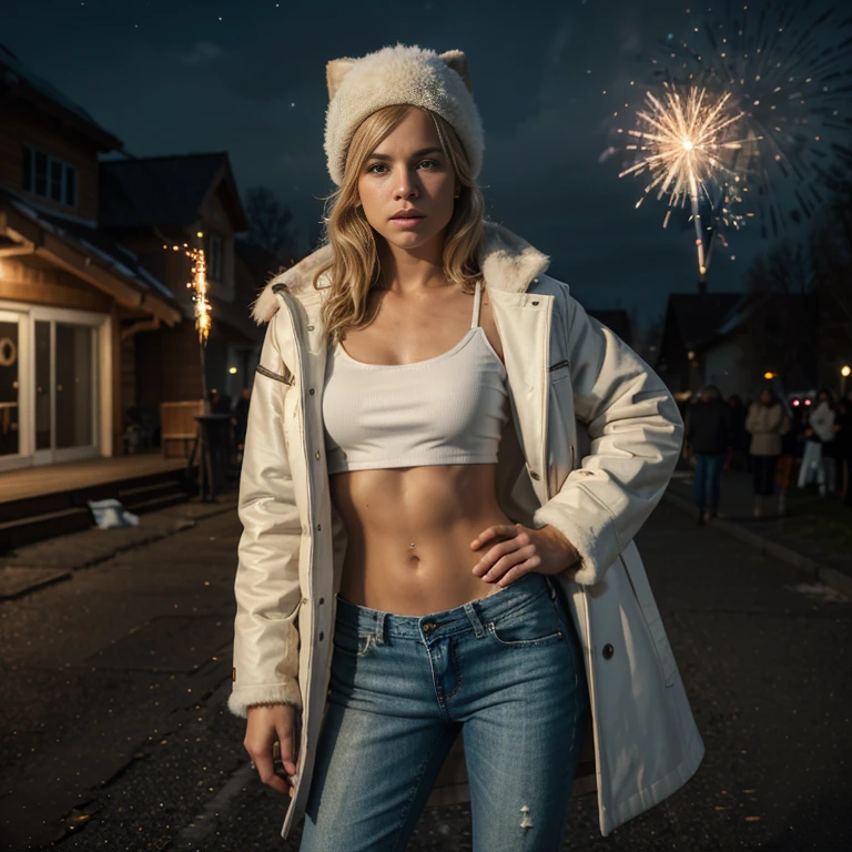 8k, masterpiece, best qualite, RAW photi, cinematic, dramtic lighting, 1 girl, nordic, nighttime, blond hair, short hair, wavy hair, athletic body, white blouse, tan fur coat, jeans, full body shot, fur hat, holding a sparkler firework, outside