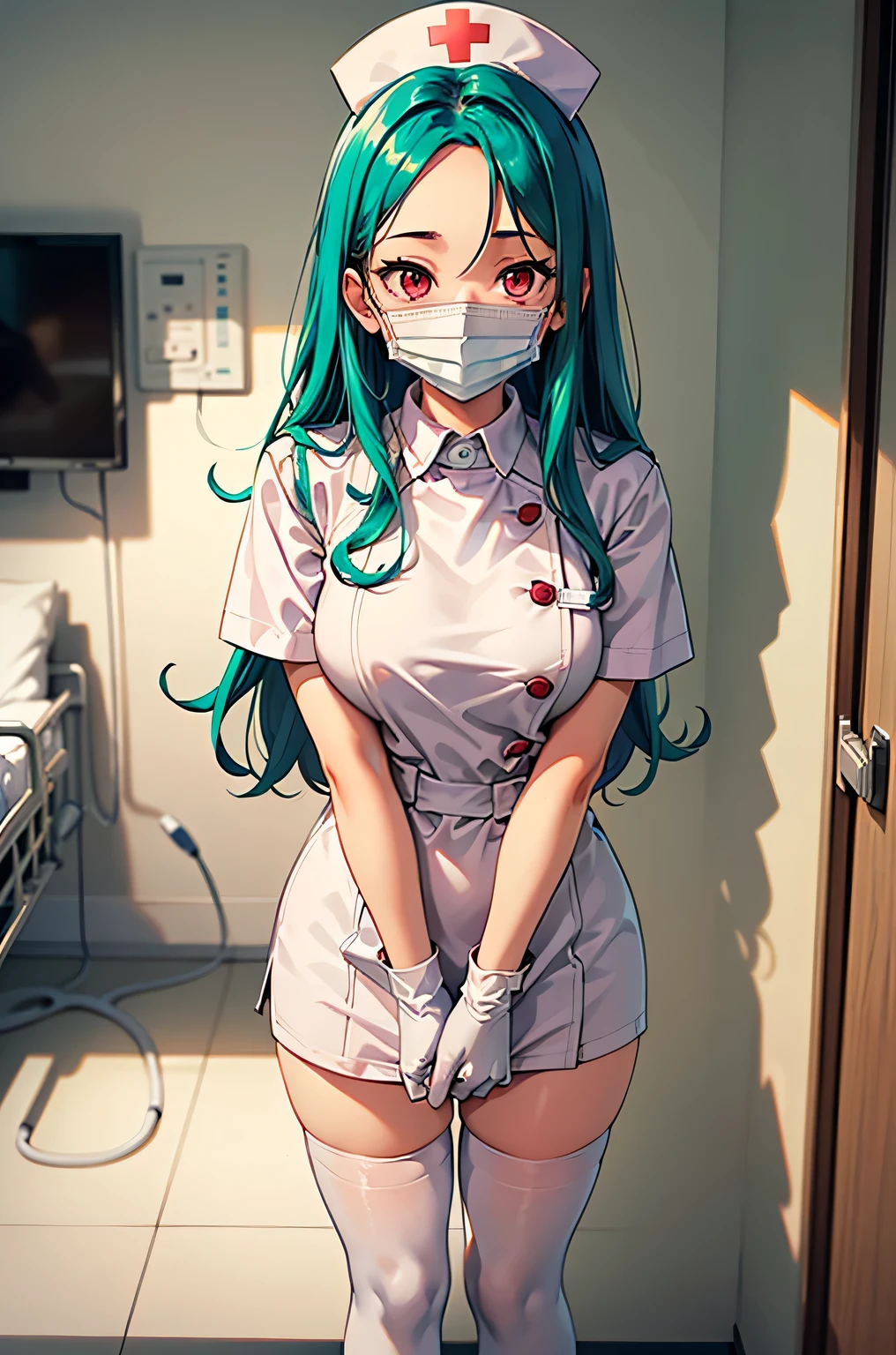 1woman, solo, nurse, nurse cap, white wear, ((white legwear, zettai ryouiki)), white gloves, forehead, long hair, green hair, pink eyes, ((white surgical mask, covered nose)), standing, ((hospital room)), sharp outline, short sleeves, mature female, 35 years old, best quality, masterpiece