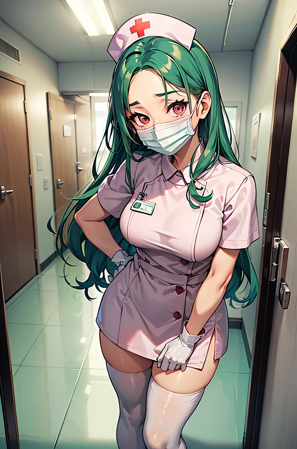 1woman, solo, nurse, nurse cap, white wear, ((white legwear, zettai ryouiki)), white gloves, forehead, long hair, green hair, pink eyes, ((white surgical mask, covered nose)), standing, ((hospital room)), sharp outline, short sleeves, mature female, 35 years old, best quality, masterpiece