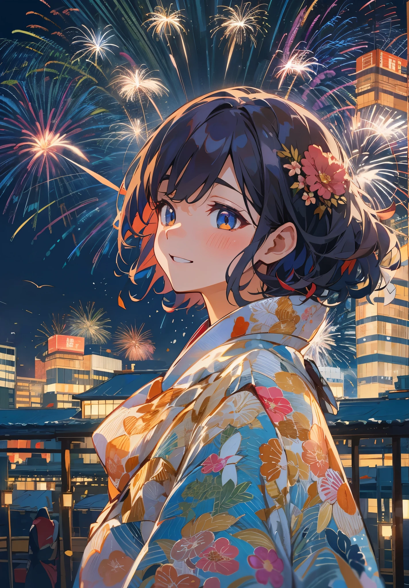 masutepiece,Best Quality,ultra-detailliert,4K,superfine illustration,very detailed beautiful face and eyes,Beautiful background,Professional Lighting,colorful lighting,silhuette,Fireworks focus,1girl in,(Medium bust:1.2), (Medium Hair:1.5),glamor,(Floral kimono, Komono, Clothes with intricate patterns),Looking Up, Beautiful profile、fearless smile, Surprised, agitation, (aerial fireworks:1.1), Night,magnificent panorama view,Overlooking,Winters,New Year,natta、From Side,Sense of depth,Symmetry of light and shadow, soft clean focus, Elegant,Active Angle,Dynamism Pose, pantomime art、expressive body language、silent storytelling、visual narratives