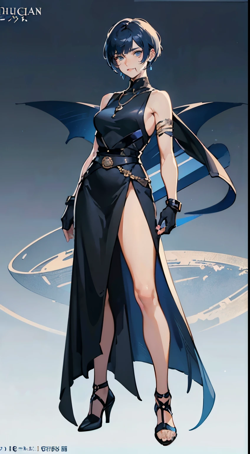 ((masterpiece,best quality,8k,highres)),((character concept art)), 1 female, middle-age female, merchant guild leader, 168cm height, extraordinary gorgeous, charming, (gentle smile), shapely breasts, hourglass body shape (muscular), ultra finely detailed eyes (blue eyes colour), intricate details, (pixie cut hairstyle),(navy blue hair colour), super finely detailed hands, ultra finely detailed fingers (((ten finger))), sleeveless merchant outfit (stylish)(navy blue)(futuristic), short black skirt, black gloves, black boots, necklace, earrings, bracelet, standing still, full body showcase, (show full body), (no logos on background), (no logo), (( background)), ((plain background)), ((plain background)), (((empty background)))