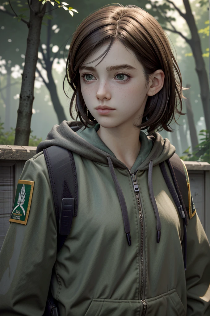 (masterpiece, best quality:1.3)
EllieTLOU2, 1girl, solo, looking at viewer, short hair, brown hair, closed mouth, green eyes, upper body, weapon, outdoors, hood, uniform, lips, gun, military, hood down, plant, portrait, nature, handgun, realistic