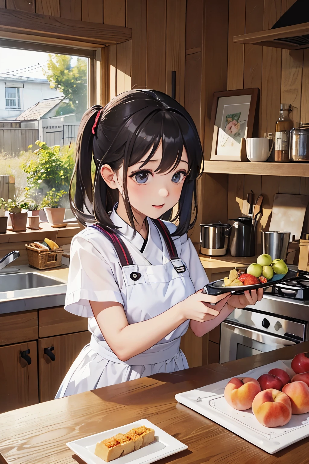 , kitchen, There are fruits on the table, There are grapes, peaches, apple, latte, Egg, farinha, Getting ready to make a water cake.