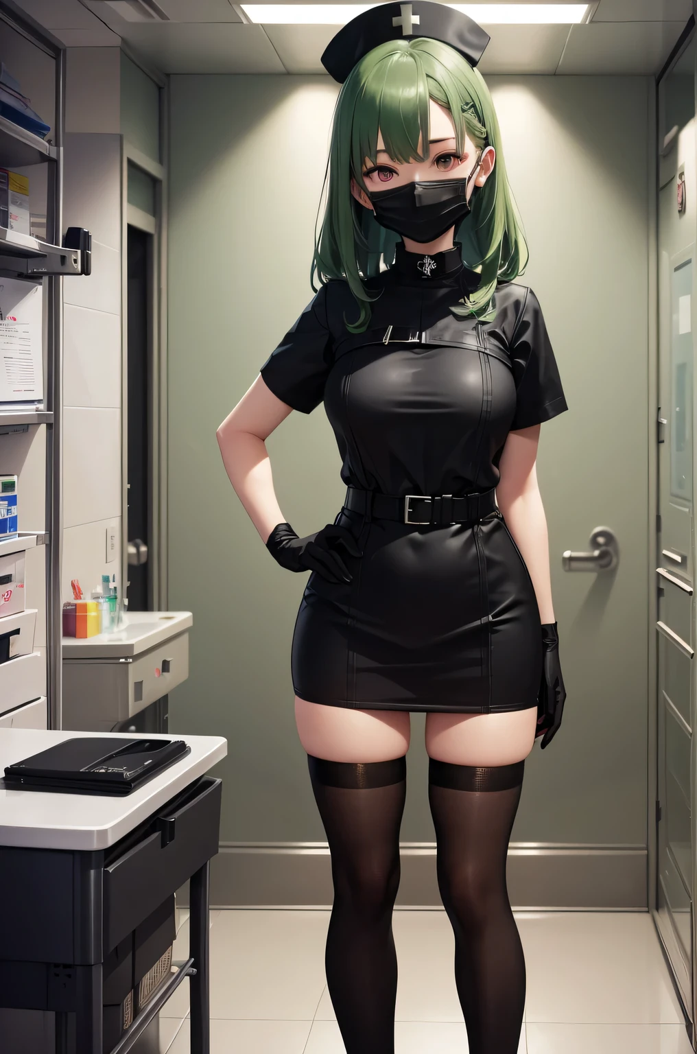 black nurse, 1woman, solo, black nurse cap, black wear, ((black legwear, zettai ryouiki)), black elbow gloves, forehead, long hair, green hair, pink eyes, ((black surgical mask, covered nose)), standing, ((surgery room)), sharp outline, short sleeves, mature female, 35 years old, best quality, masterpiece