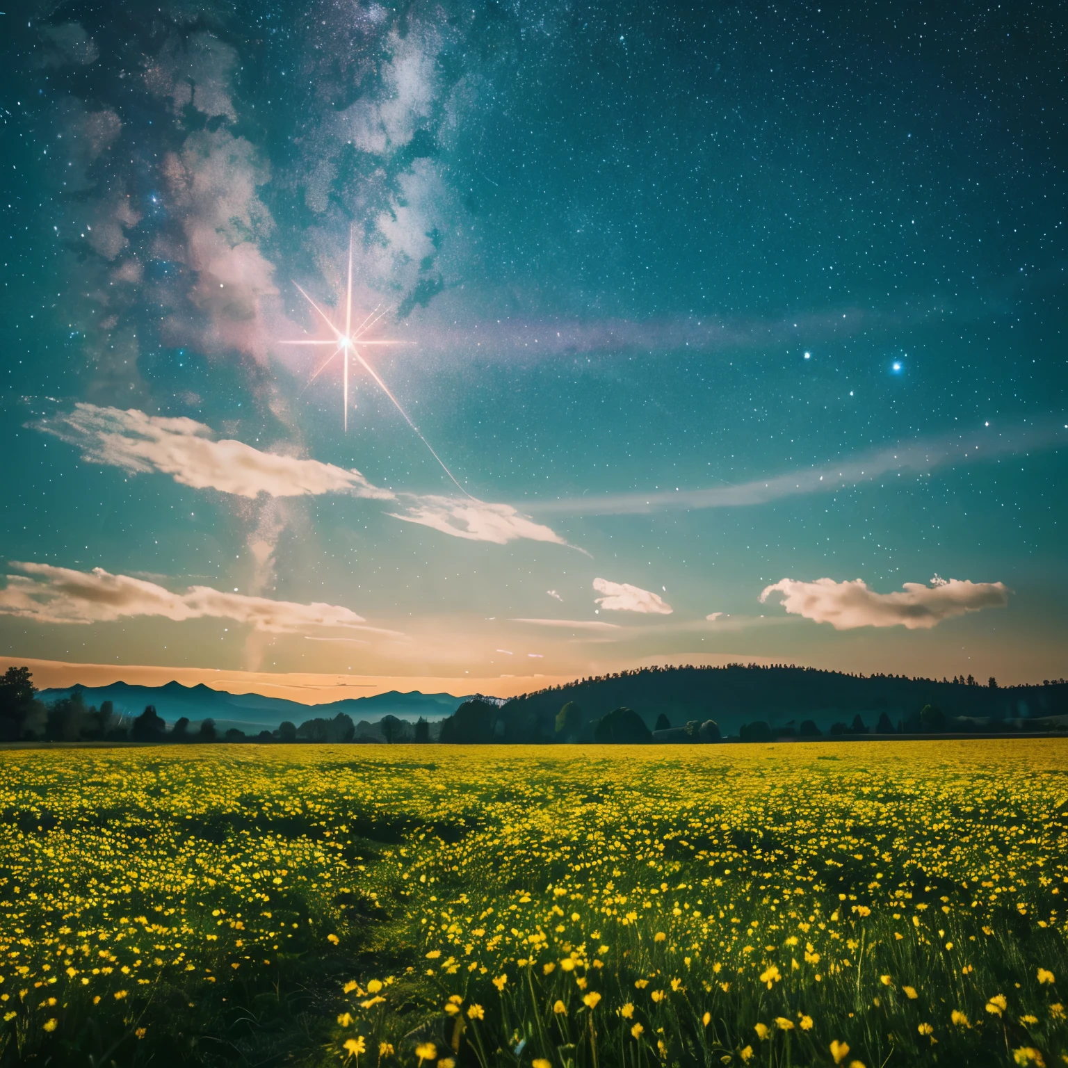 nigh sky,A Star of Hope,eight pointed star ,shining north star,view from the meadow, vast scenery,breathtaking scenery,8k,Super delicate,