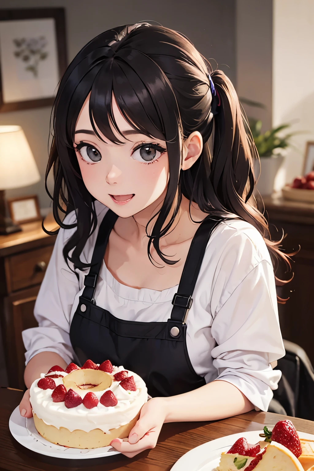 a girl a fruit cake,illustration,delicate hands,whisking the batter,pouring fruit into the mixture,joyful expression,vibrant colors,soft lighting,finely detailed fruits,beautifully decorated cake,best quality,ultra-detailed,realistic,photorealistic,studio lighting,vivid colors