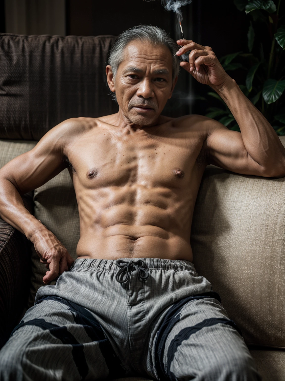 Hyper Realistic Photo, 75 years-old Indonesian man, chilling on a sofa, wearing Balinese Pants. ((smoking a cigarette)), Top Body Shot , Capture by Canon EOS-1D X Mark III Canon EF 24-70mm f/2.8L II USM, Cinematic Light, Dual exposure,Extremely Detail. 8k.