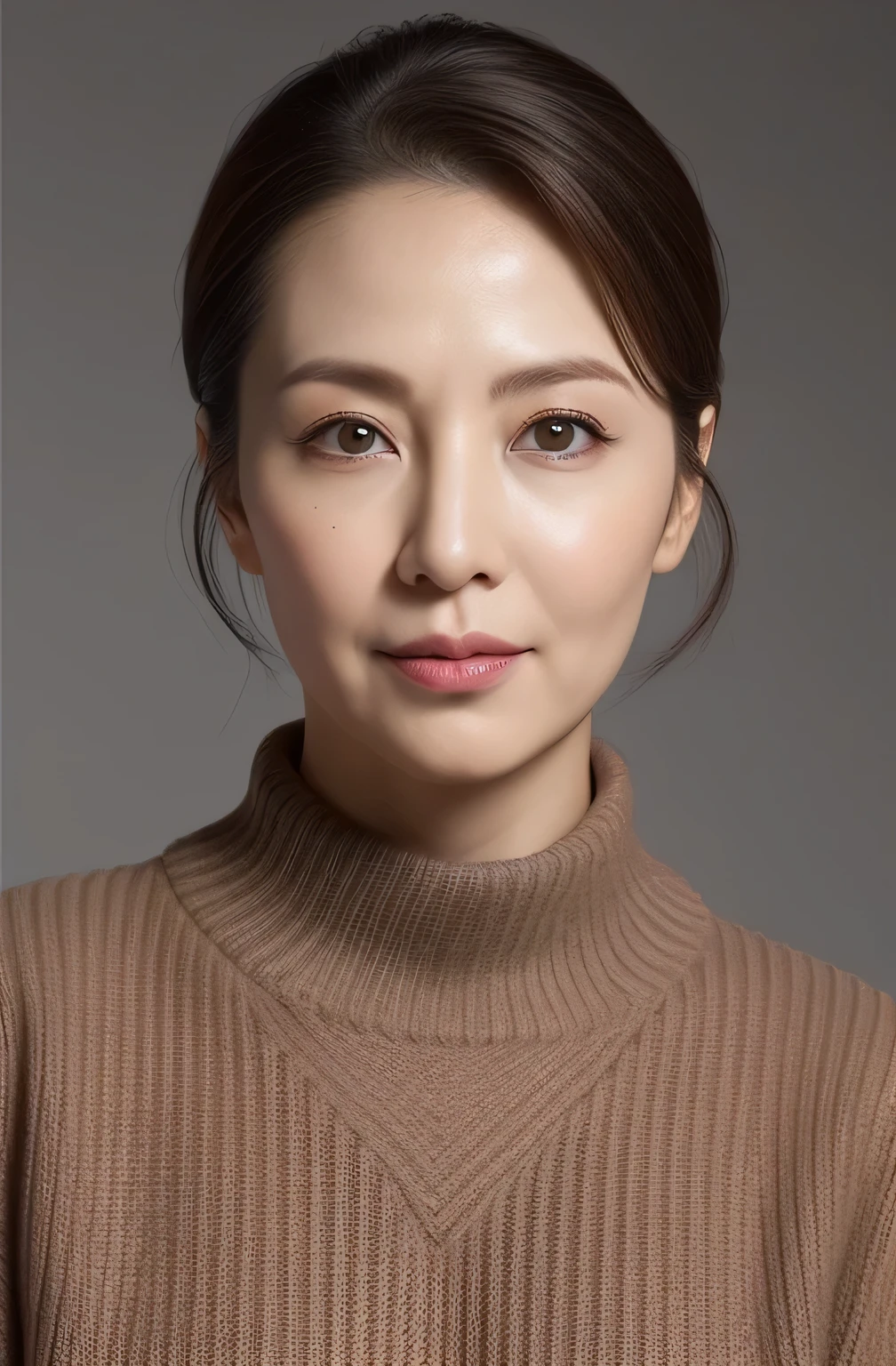hight resolution, high-level image quality, high detailing, ​masterpiece, Textured skin, tre anatomically correct, sharp, greybackground((japanes, 30-years old)), 独奏, ((Wrinkles on the face)), large breasts with good shape, Straight light brown hair that reaches to the shoulders, chubby figure (((erect through, facing the center of the screen.))), Close your mouth and look straight ahead with a serious face, Sweaters, skirt by the, ((cowboy  shot)),