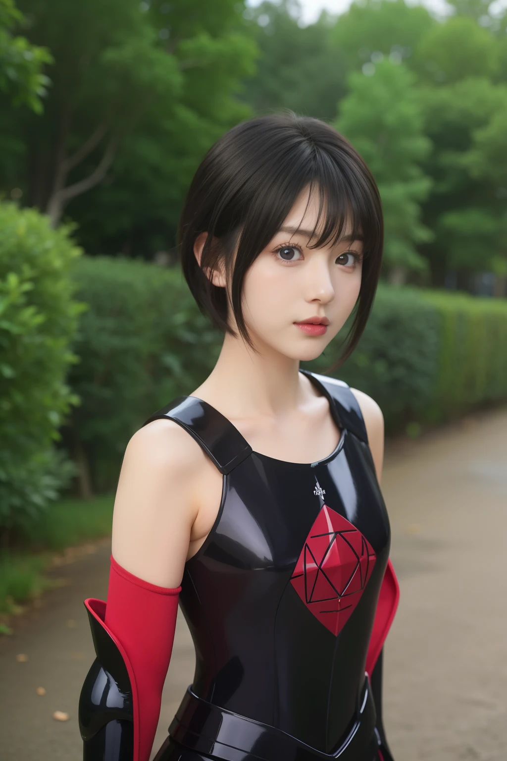 best quality, ultra high res, blue eyes, looking at viewer, blush, red lips,
black armor, bofuri-maple , black hair, short hair, bangs, purple eyes, collarbone, full body, solo, 1girl, outdoors