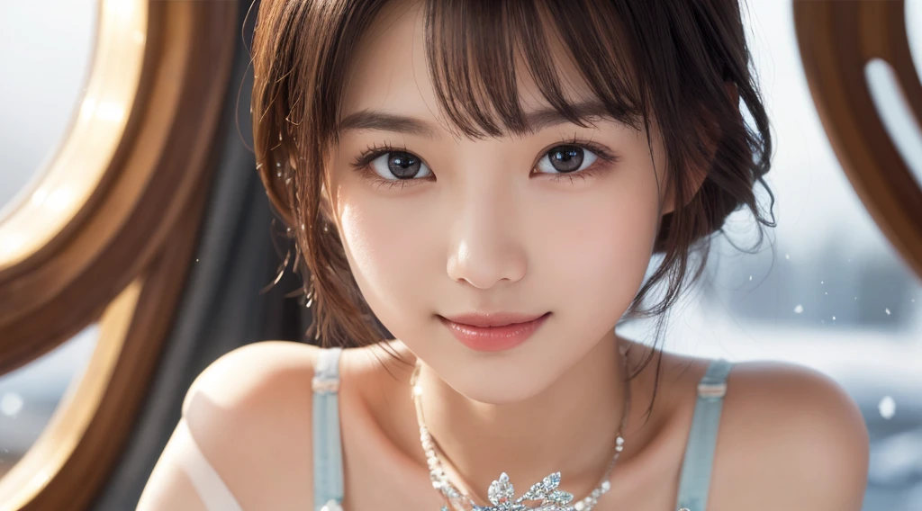 (Hair Nude、teats,Very detailed 8k wallpaper, 1920x1080、 Best Quality, Black hair semi-long), (Best Illumination, Best Shadow, extremely delicate and beautiful), Smile, Sunlight shines in, depth of fields、Wheezing、Lush bust、、(((Ultimate Beauty Portrait)))、((glistning skin))、1 girl in her early 20s、bright expression、((Black underwear、Black bra、no-bra、Hair Nude,clong legs))、(cleavage of the breast)、((Big eyes that shine like jewels))、Glossy glossy skin、(Medium Hair)、eye liner、Beautiful bangs、Hair between the eyes、((1920x1080、最hightquality、ultra-detailliert、Film Light、intricate-detail、hight resolution、natural soft light、snowscape))、细致背景、8KUHD、Soft light、hightquality、depth of fieldsは浅く、teats