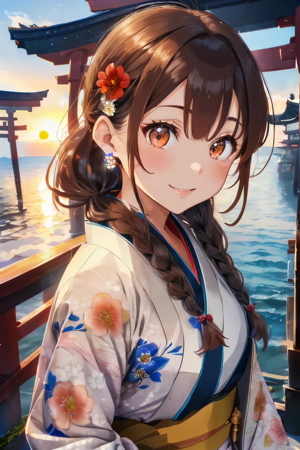 (Brown hair),(Braided shorthair),(With bangs),(Brown eyes:1.25),Slight red tide,(Her eyes are sparkling:1.2),(Eye size:1.7),(gloves:1.5),(Kimono with cute design:1.4),(shores:1.4),(🌊),(first sunrise from the horizon:1.5),(Torii in the sea:1.4),(place々Japanese clothes with lace:1.3),(Brown short boots),(Happy smile:1.1),(Smiling smile:1.15),(Kadomatsu:1.25),(Accessories shaped like flowers and crystals:1.3),(close up of face:1.25),(和風な雰囲気の場place),(warm winter coat:1.3),(muffler:1.3),