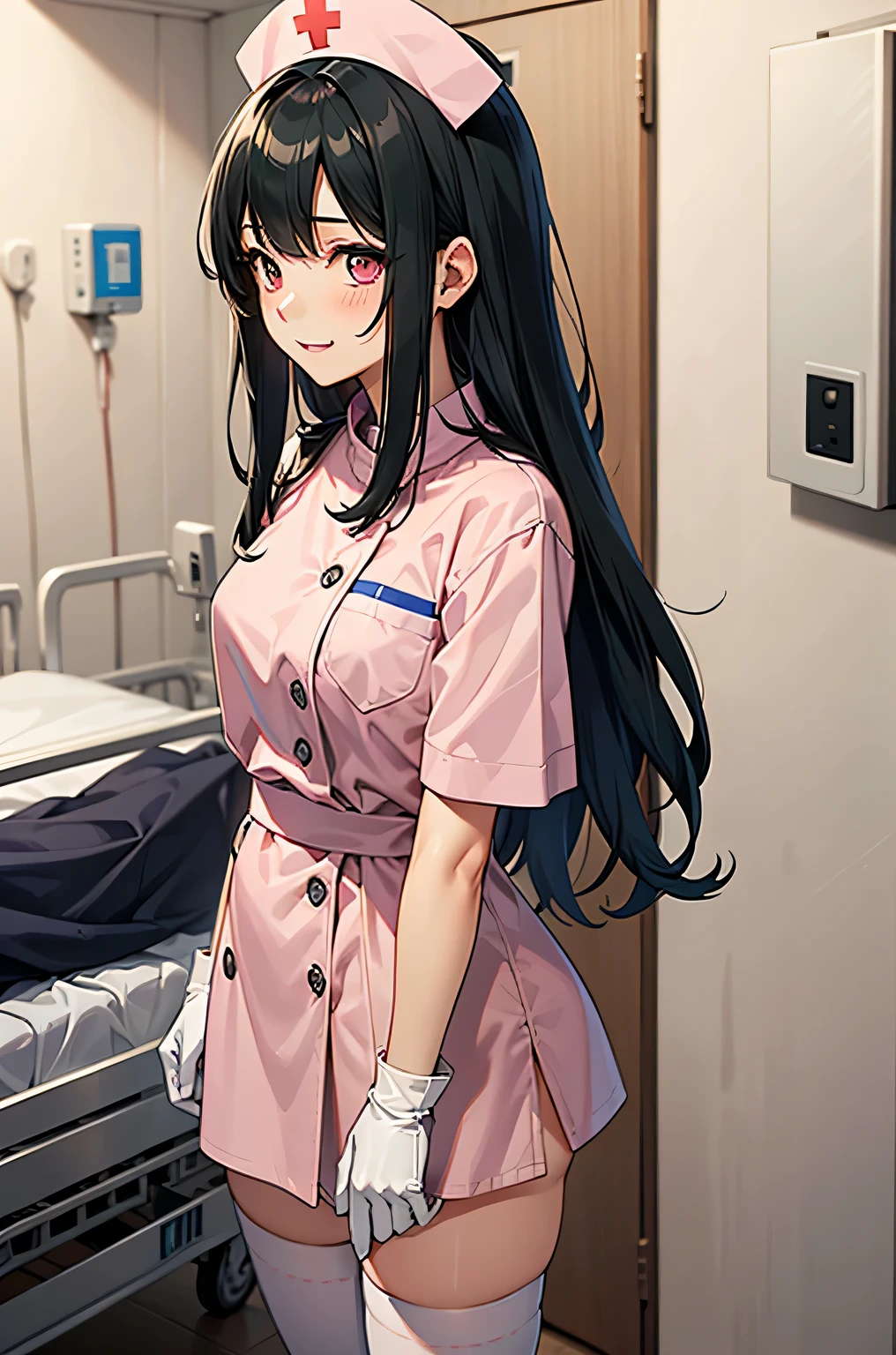 1woman, solo, nurse, nurse cap, white wear, ((white legwear, zettai ryouiki)), white gloves, forehead, long hair, green hair, pink eyes, pink lips, smile, standing, ((hospital room)), sharp outline, short sleeves, mature female, 35 years old, best quality, masterpiece