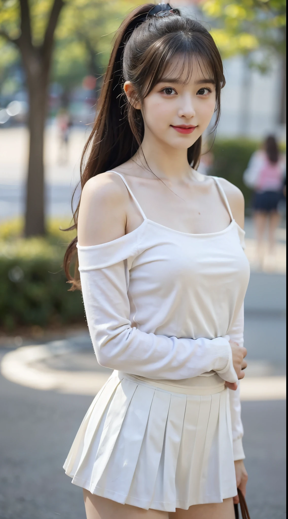 A close up of a woman in a white top and skirt - SeaArt AI