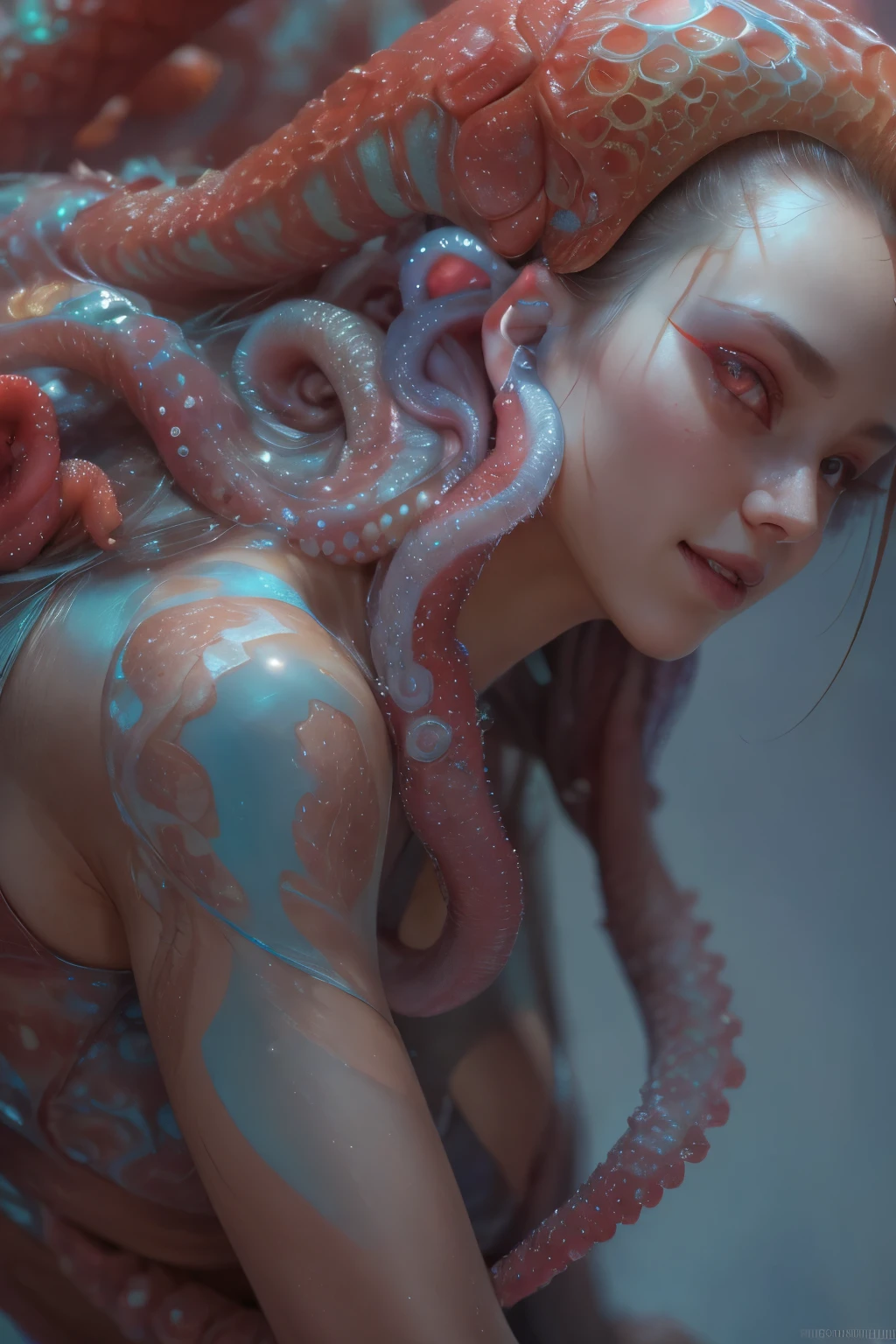 Portrait, (beautiful female alien:1.2), (she has red eyes with no pupils:1.8), (Translucent skin:1.7), (There is a female genital-like organ in the middle of the forehead:1.9), (The most beautiful face in the history of the universe:1.2),an evil gaze that seduces, (large mouth:1.1), (sharp teeth like a vampire:1.2), Full body like, (bio luminescent:1.5), (Smile wickedly:1.3), (sexypose:1.5), alien, No humans, cells are fused, (Lots of translucent tentacles:1.3) extraterrestrial, cell, bio image, Best Quality, 8K,4K_quality, High Definition, Dramatic Lighting, masutepiece:1.5,cinematic quality, detail up, (Intricate details:1.2), High resolution, High Definition, drawing faithfully, (Thick eyebrows:1.2), Beautiful eyes with fine symmetry,(Highly detailed face and eyes:1.2), Intimate face, (Super detailed skin quality feeling:1.4), Perfect Anatomy, (Beautiful toned body:1.5), (Moist skin:1.2), No makeup, (dark circles:1.1), long canines, cinematic drawing of characters, ultra high quality model, cinematic quality, detail up, (Intricate details:1.2), High resolution, High Definition, drawing faithfully, Official art, Unity 8K wall , 8K Portrait, Best Quality, Very High resolution, ultra detailed artistic photography, midnight aura, unreal enginee 5, Ultra Sharp Focus, art by alberto seveso, ArtGerm, Roisch, intricate artwork, best quality, masutepiece, ultra High resolution, (photos realistic:1.4), Ultra-realistic realism, dream-like, nautilus, Creation of fantasy, Snail, Dream Snail, biopunk nautilus, Thrilling color schemes, Ultra-realistic realism, seductively smiling, Blue tentacles,