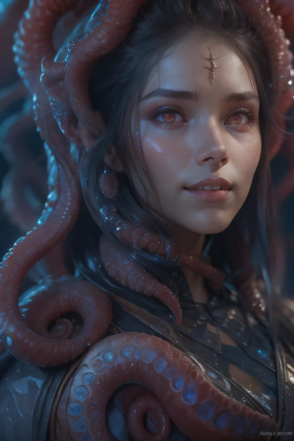 Portrait, (beautiful female alien:1.2), (she has red eyes with no pupils:1.8), (Translucent skin:1.7), (There is a female genital-like organ in the middle of the forehead:1.9), (The most beautiful face in the history of the universe:1.2),an evil gaze that seduces, (large mouth:1.1), (sharp teeth like a vampire:1.2), Full body like, (bio luminescent:1.5), (Smile wickedly:1.3), (sexypose:1.5), alien, No humans, cells are fused, (Lots of translucent tentacles:1.3) extraterrestrial, cell, bio image, Best Quality, 8K,4K_quality, High Definition, Dramatic Lighting, masutepiece:1.5,cinematic quality, detail up, (Intricate details:1.2), High resolution, High Definition, drawing faithfully, (Thick eyebrows:1.2), Beautiful eyes with fine symmetry,(Highly detailed face and eyes:1.2), Intimate face, (Super detailed skin quality feeling:1.4), Perfect Anatomy, (Beautiful toned body:1.5), (Moist skin:1.2), No makeup, (dark circles:1.1), long canines, cinematic drawing of characters, ultra high quality model, cinematic quality, detail up, (Intricate details:1.2), High resolution, High Definition, drawing faithfully, Official art, Unity 8K wall , 8K Portrait, Best Quality, Very High resolution, ultra detailed artistic photography, midnight aura, unreal enginee 5, Ultra Sharp Focus, art by alberto seveso, ArtGerm, Roisch, intricate artwork, best quality, masutepiece, ultra High resolution, (photos realistic:1.4), Ultra-realistic realism, dream-like, nautilus, Creation of fantasy, Snail, Dream Snail, biopunk nautilus, Thrilling color schemes, Ultra-realistic realism, seductively smiling, Blue tentacles,