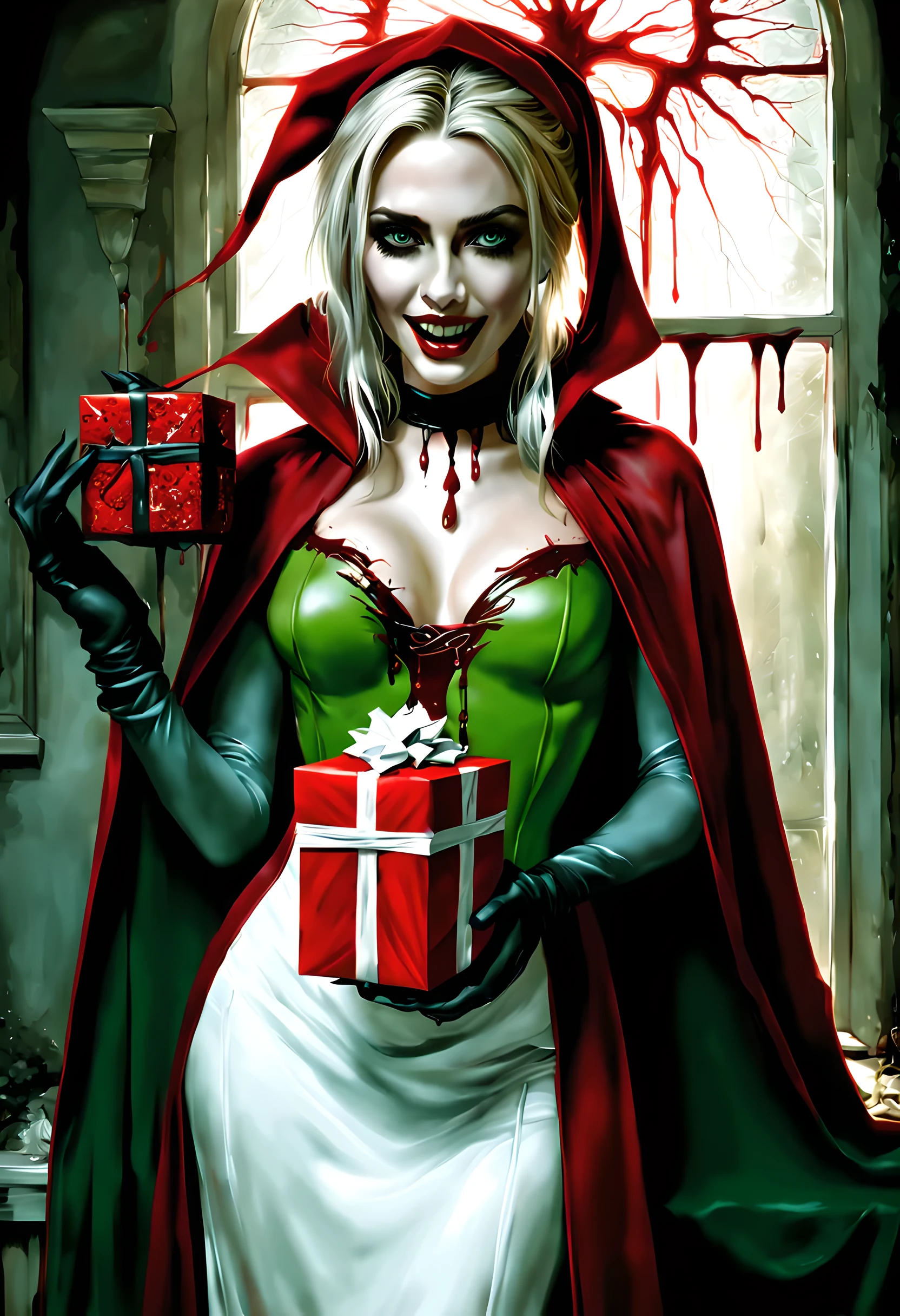 a picture of vampire standing in the front of her home holding a (blood: 1.3) dripping (gift box: 1.5), an exquisite beautiful female vampire in her front door of her home, full body (ultra detailed, Masterpiece, best quality), ultra detailed face (ultra detailed, Masterpiece, best quality), grey skin: 1.3 , blond hair, hair in a ponytail, long hair, blue eyes, cold eyes, glowing eyes, intense eyes, smile with [drops of blood on face] (ultra detailed, Masterpiece, best quality), dark red lips, [vampire fangs], wearing red dress (ultra detailed, Masterpiece, best quality), (green: 1.4) dark green cloak, (green: 1.3) green high heeled boots in front of her home, holding a (white: 1.4) gift box  dripping red blood GlowingRunes_red (ultra detailed, Masterpiece, best quality, high details, best quality, 16k, [ultra detailed], masterpiece, best quality, (ultra detailed), full body, ultra wide shot, photorealism, luis royo style, dark fantasy art, moon light coming through the window, moon rays, gothic art, sense of dread, sense of seduction, bloodmagic