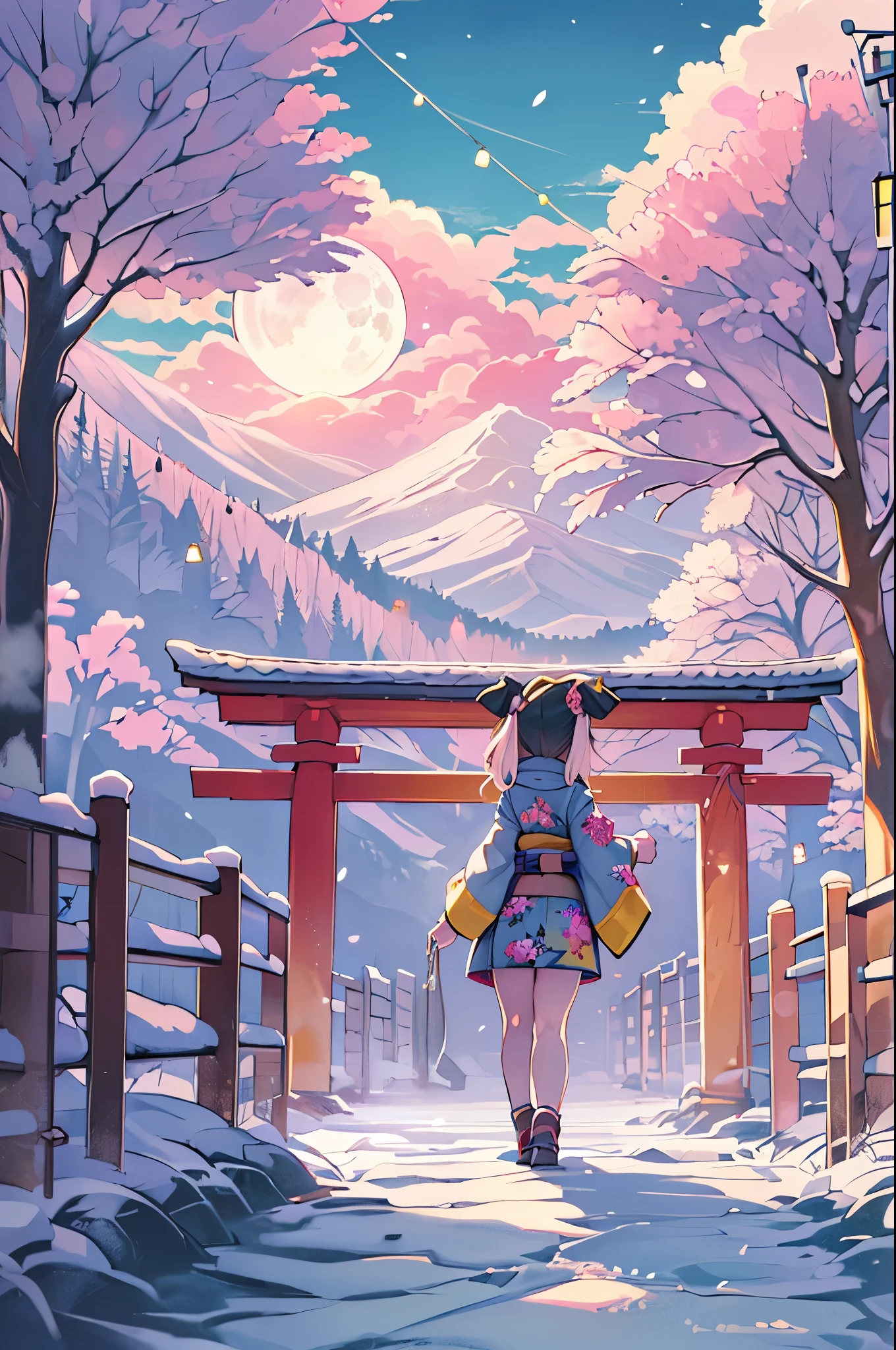 huge-breasted、kawaii、(Sunny Clothes)、torii gate、{{close up to face}}、eye closed、bbw、thick thight、big butts、Ultramammy, Winter days, Anime Background Art, japanese art style, beautiful anime scene,detailed scenery - width 672, Background art, Anime landscapes, Anime Background, Beautiful anime scenery, Beautiful peace scenes in anime, landscape artwork, Japan Village, Anime landscapesコンセプトアート, 8K))、New Year’s Day、1 moon、Pray、Praying to God with palms togethecing front