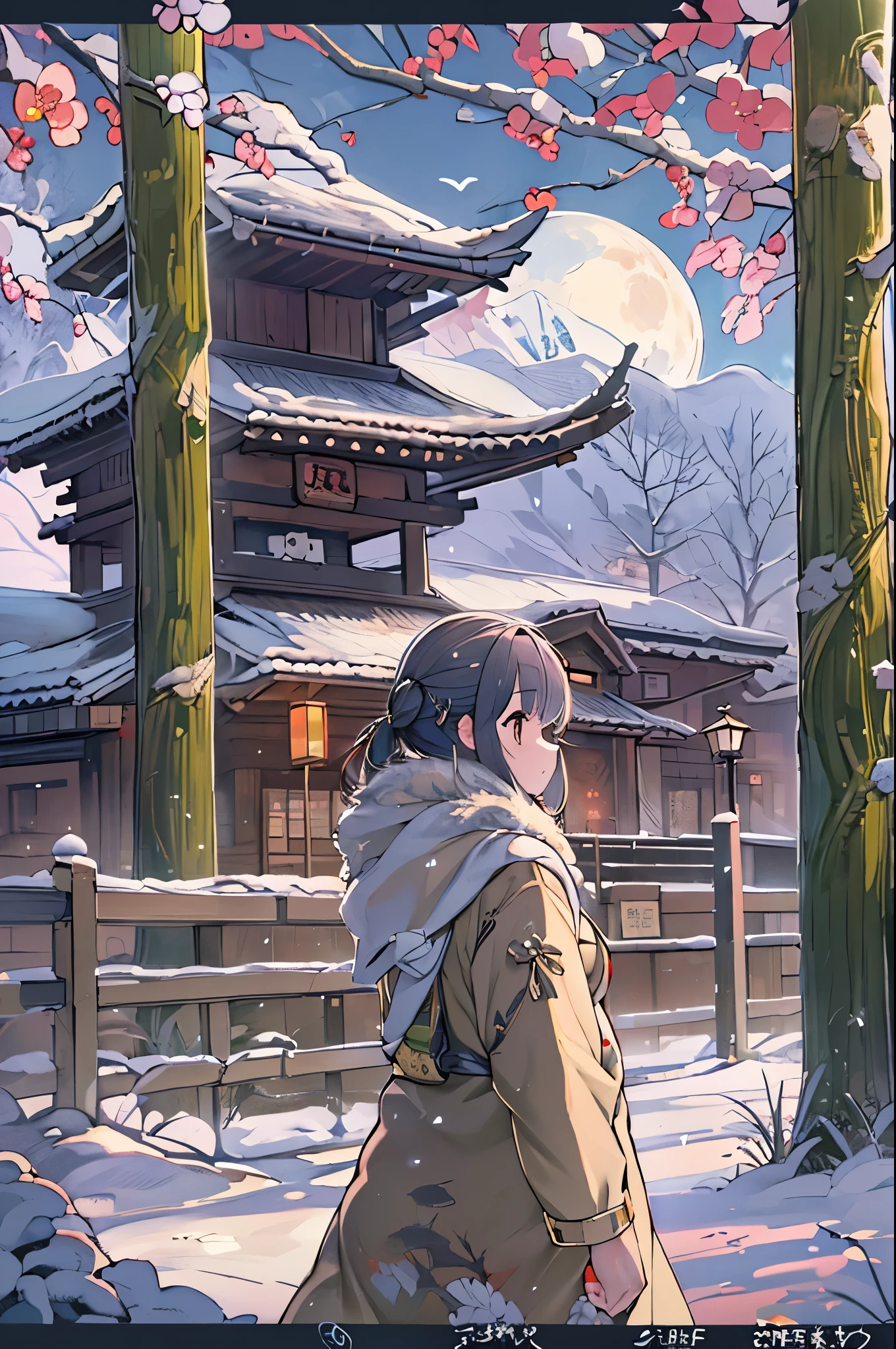 huge-breasted、kawaii、(Sunny Clothes)、torii gate、{{close up to face}}、eye closed、bbw、thick thight、big butts、Ultramammy, Winter days, Anime Background Art, japanese art style, beautiful anime scene,detailed scenery - width 672, Background art, Anime landscapes, Anime Background, Beautiful anime scenery, Beautiful peace scenes in anime, landscape artwork, Japan Village, Anime landscapesコンセプトアート, 8K))、New Year’s Day、1 moon、Pray、Praying to God with palms togethecing front